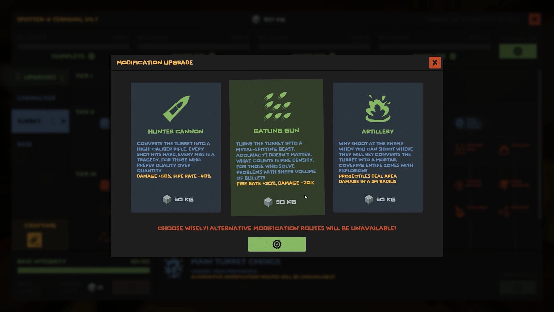 The Spotter: Modification upgrade menu showing Hunter Cannon, Gatling Gun, and Artillery options