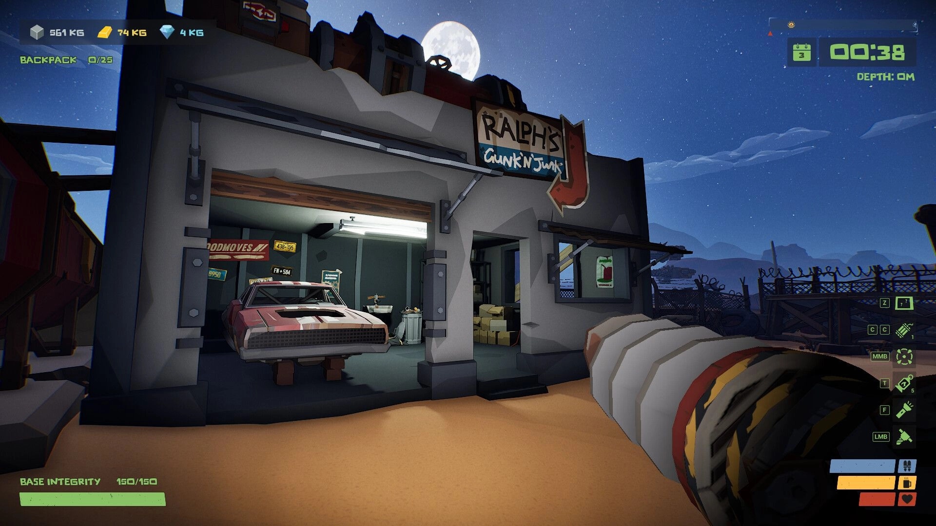 The Spotter: Player at Ralph's Gunk N' Junk garage with a car inside and UI elements showing resources.