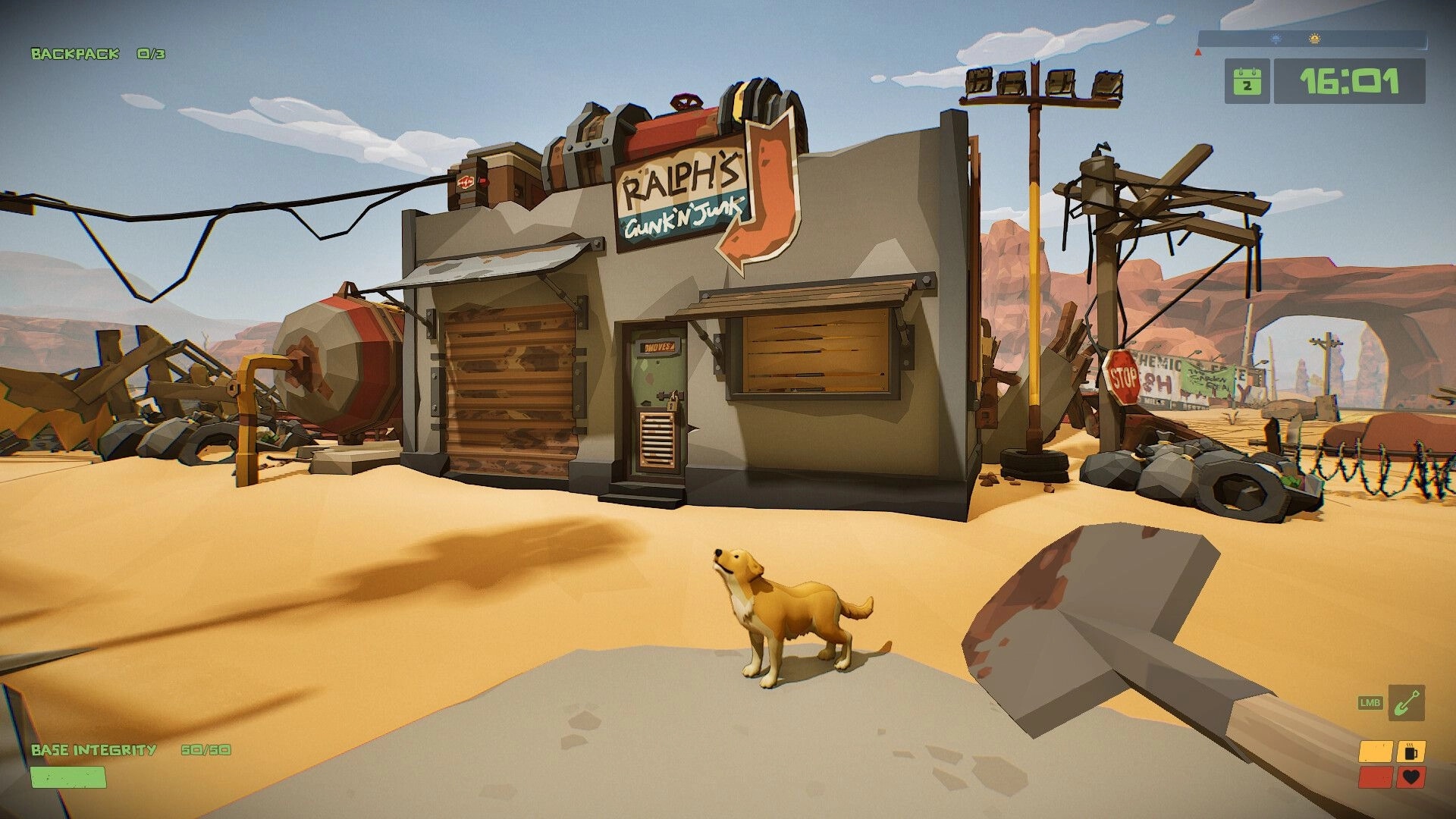 The Spotter: Dog and shovel near Ralph's Gunk 'n' Junk in desert wasteland with UI elements visible