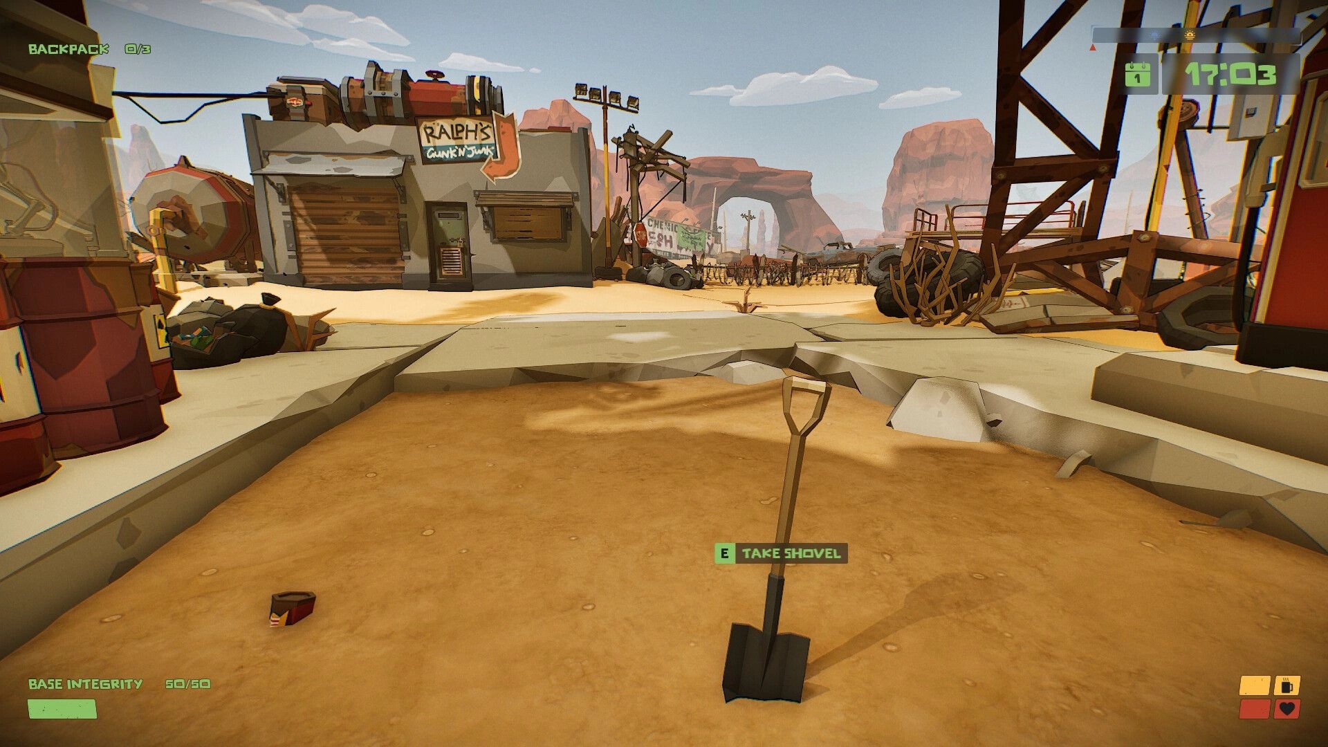 The Spotter: Shovel pickup prompt near Ralph's Gun N Junk in a desert wasteland setting