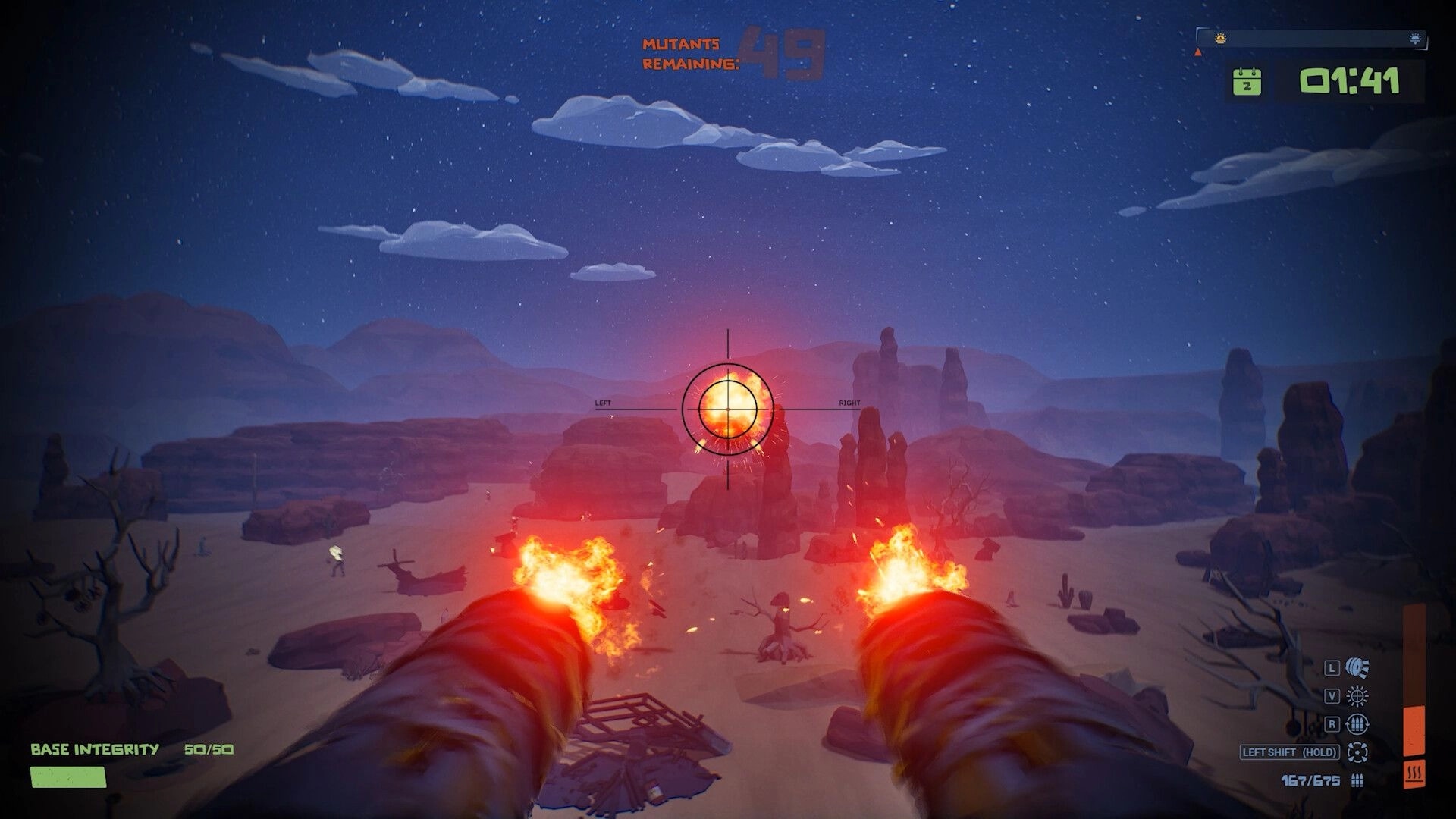 The Spotter: Dual cannon fire at approaching mutants in a desert landscape under a starry night sky