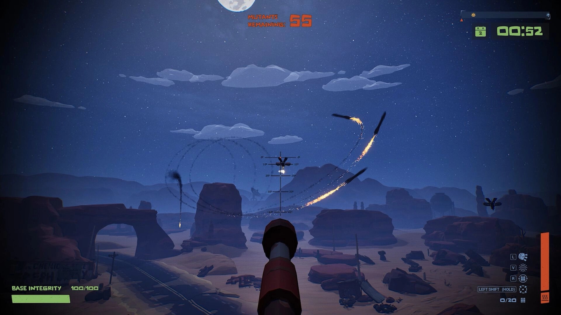 The Spotter: Turret defense against mutant waves in desert at night with UI showing base integrity.