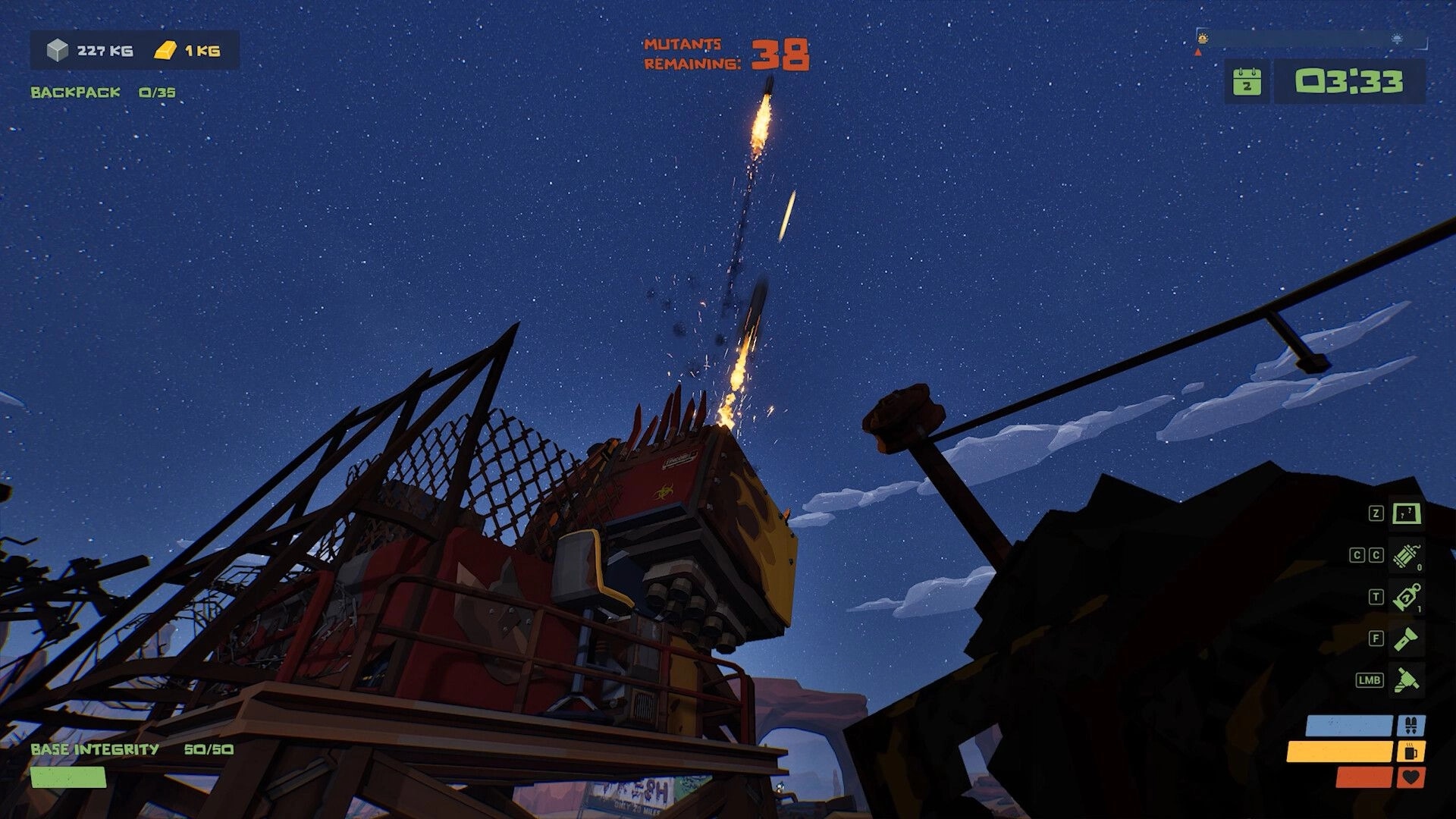 The Spotter: Turret firing at night sky with UI showing mutants remaining and base integrity status