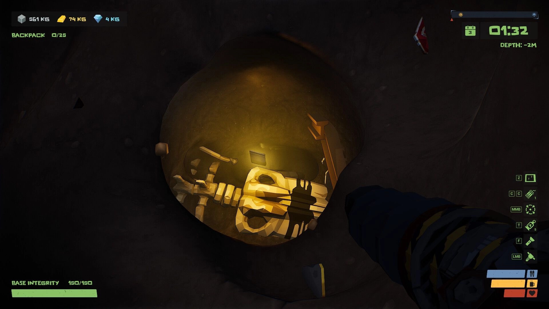 The Spotter: Digging underground with tool equipped, visible inventory and time display on screen