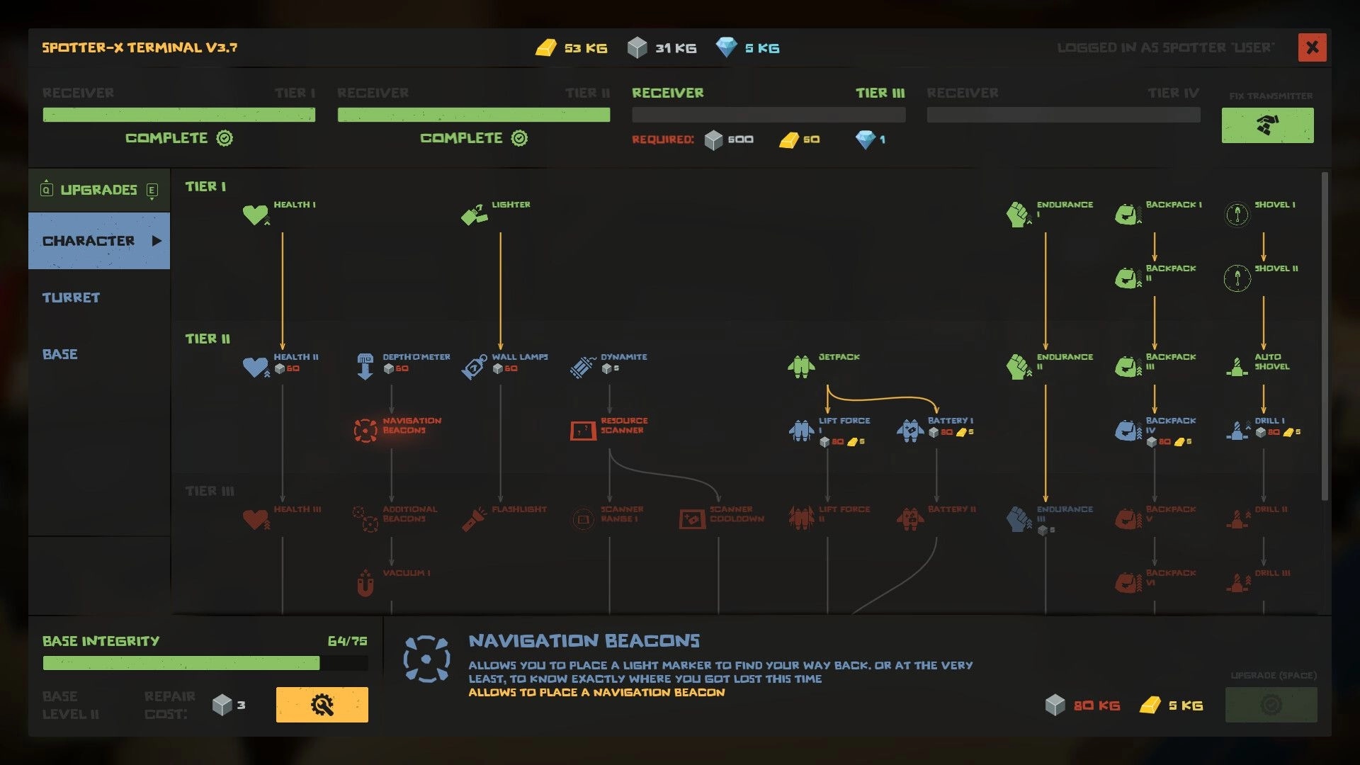 The Spotter: Character upgrade menu with tiered skill tree and resource requirements displayed