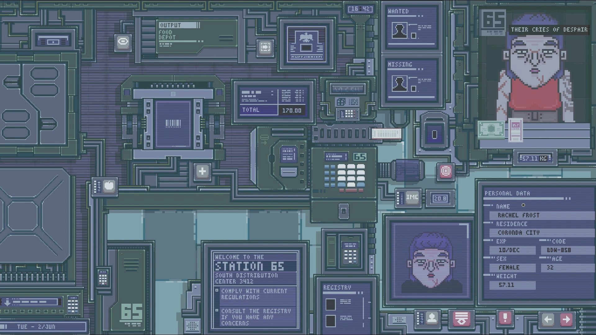 The State of Nowhere: Complex dashboard with controls and Rachel Frost's profile in station 65 environment