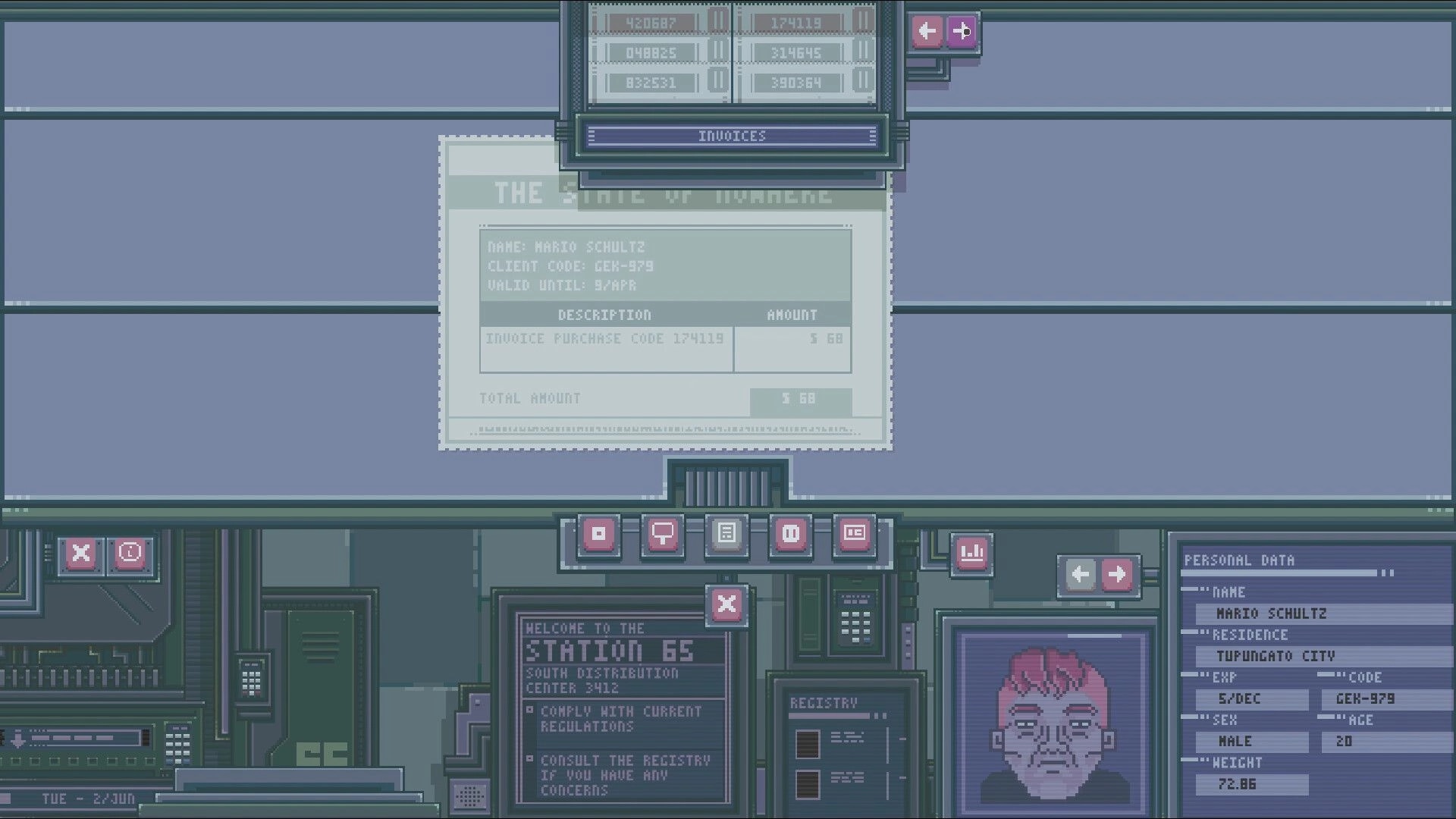 The State of Nowhere: Invoice processing interface with client details and station regulations displayed