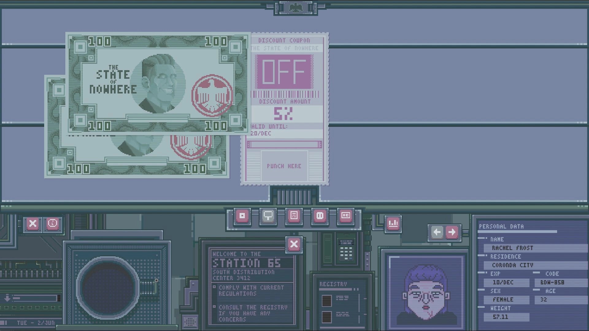 The State of Nowhere: Currency verification interface with discount coupon and personal data screen