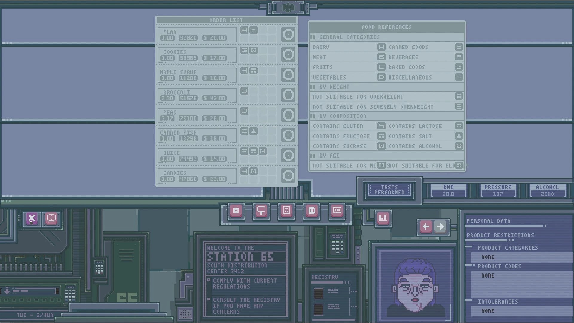 The State of Nowhere: Managing product orders and food restrictions at Station 65 control panel.