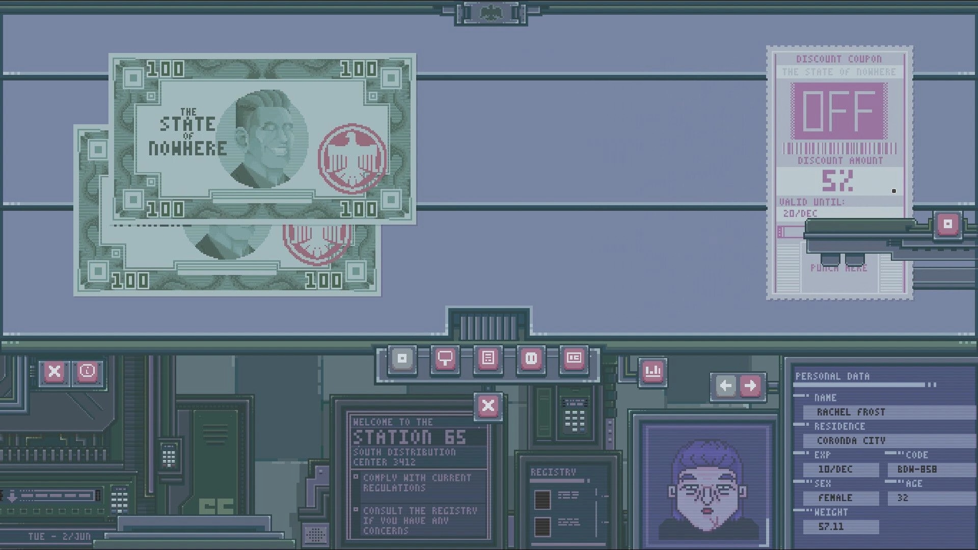 The State of Nowhere: Analyzing currency and personal data screen at Station 65 control panel.