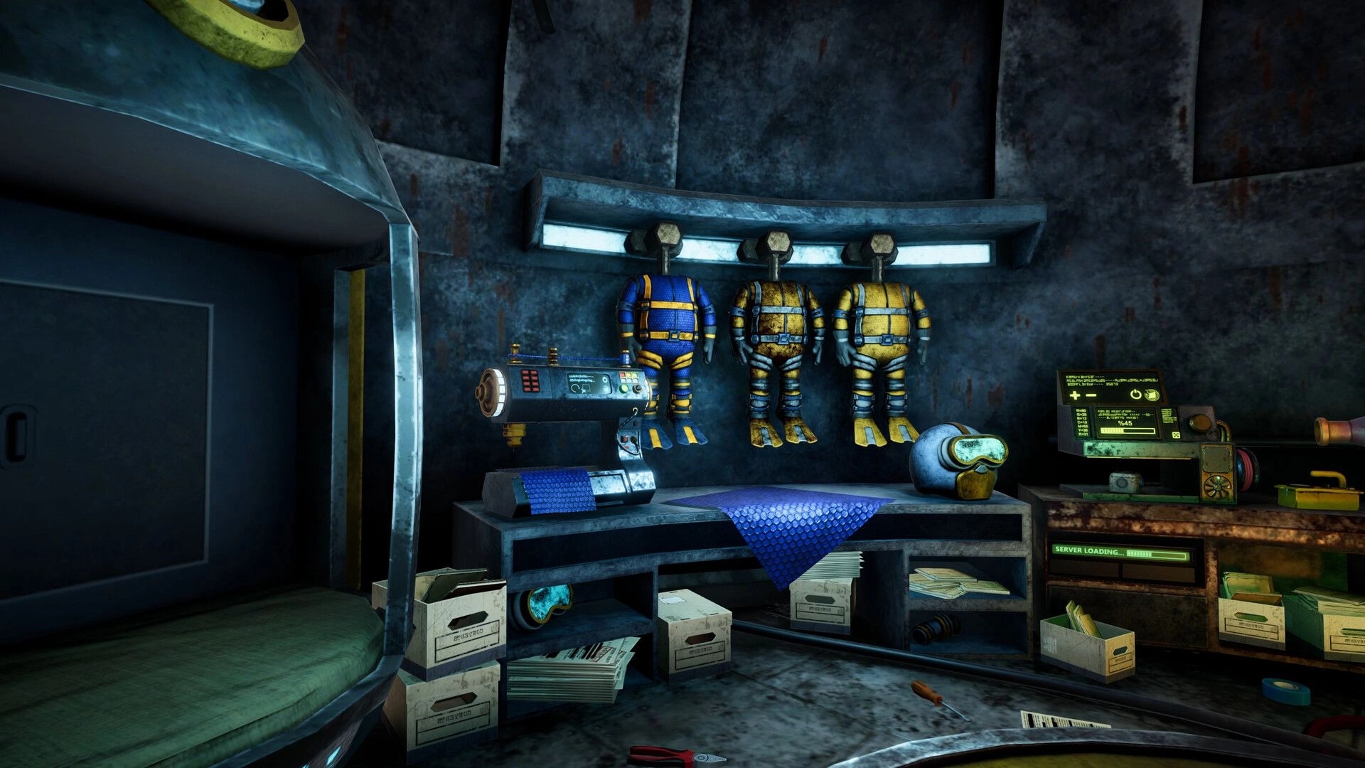 The Subminer: Workshop bench with hanging dive suits and tools inside a cluttered submarine cabin.