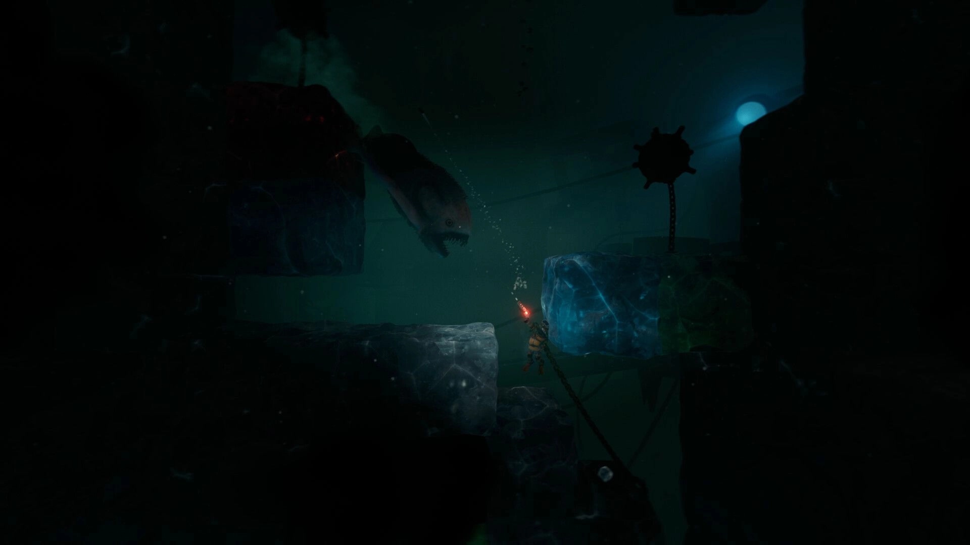 The Subminer: Diver with red flare climbs icy ledge as giant eel lurks in dark underwater cavern.