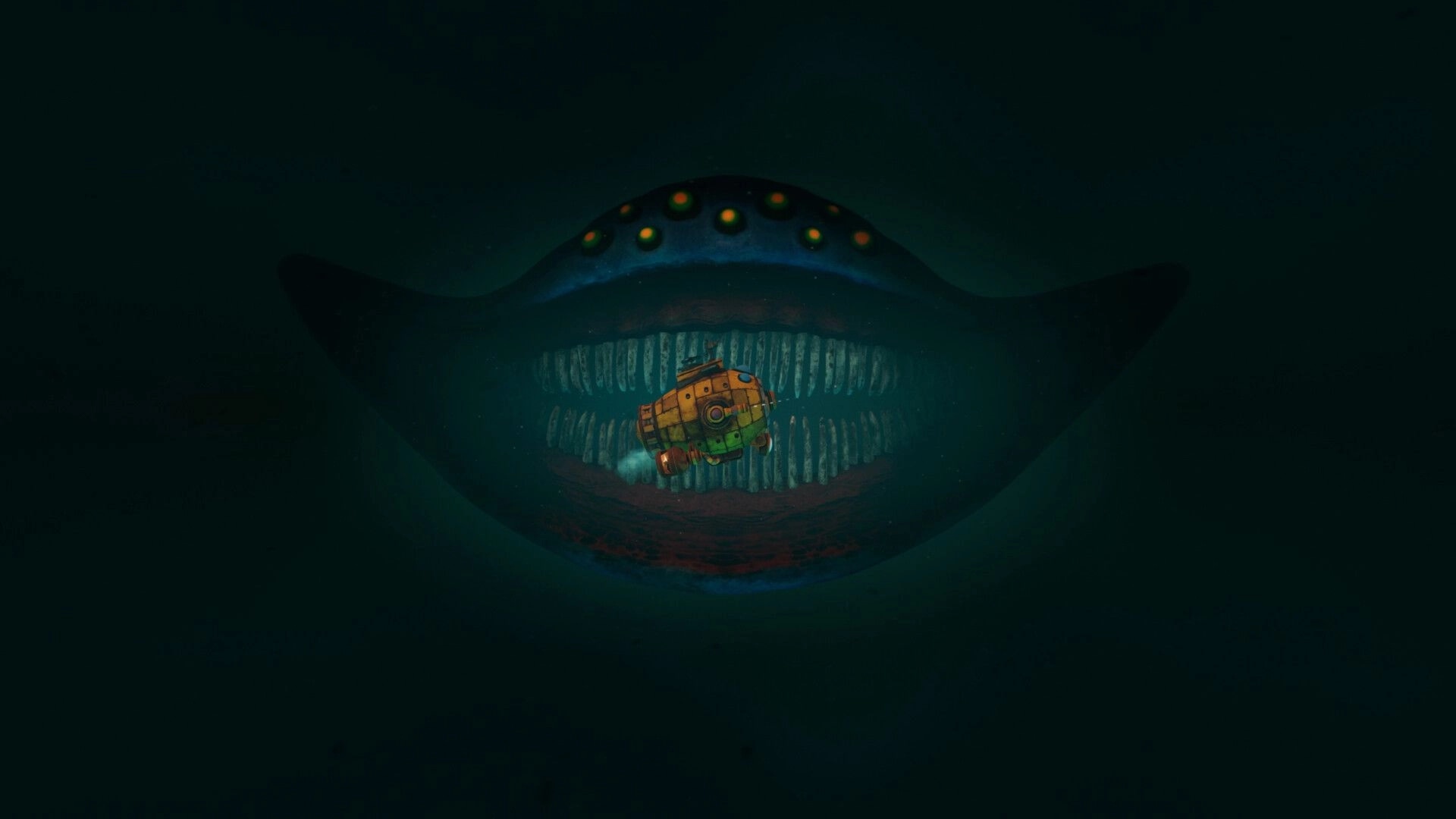 The Subminer: Submarine drifts toward a huge glowing-eyed sea monster maw in dark open water.