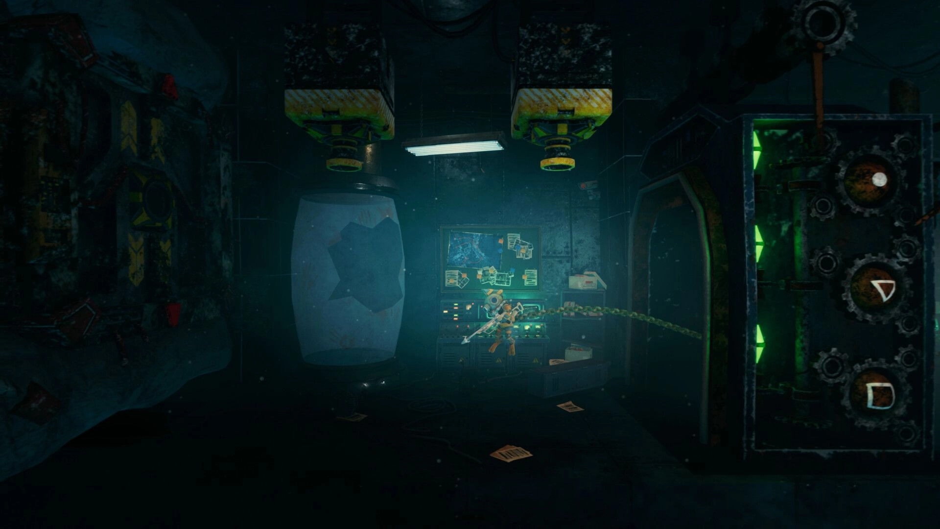 The Subminer: Diver at a control console beside a cracked tank, in a dim industrial submarine bay.