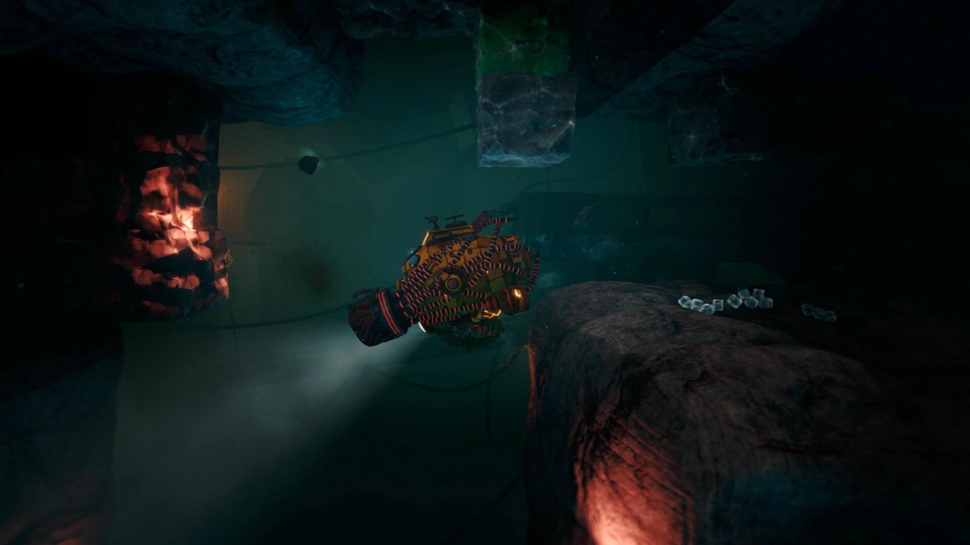 The Subminer: Submarine with headlamp cruising past glowing ore in a dim underwater ice cave tunnel.