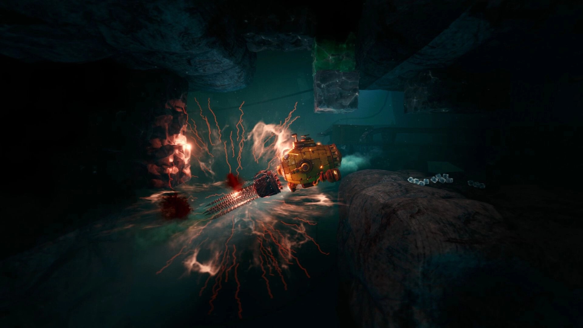 The Subminer: Yellow drill sub rams a spiked mine as electric arcs flash in a dark ice cave.