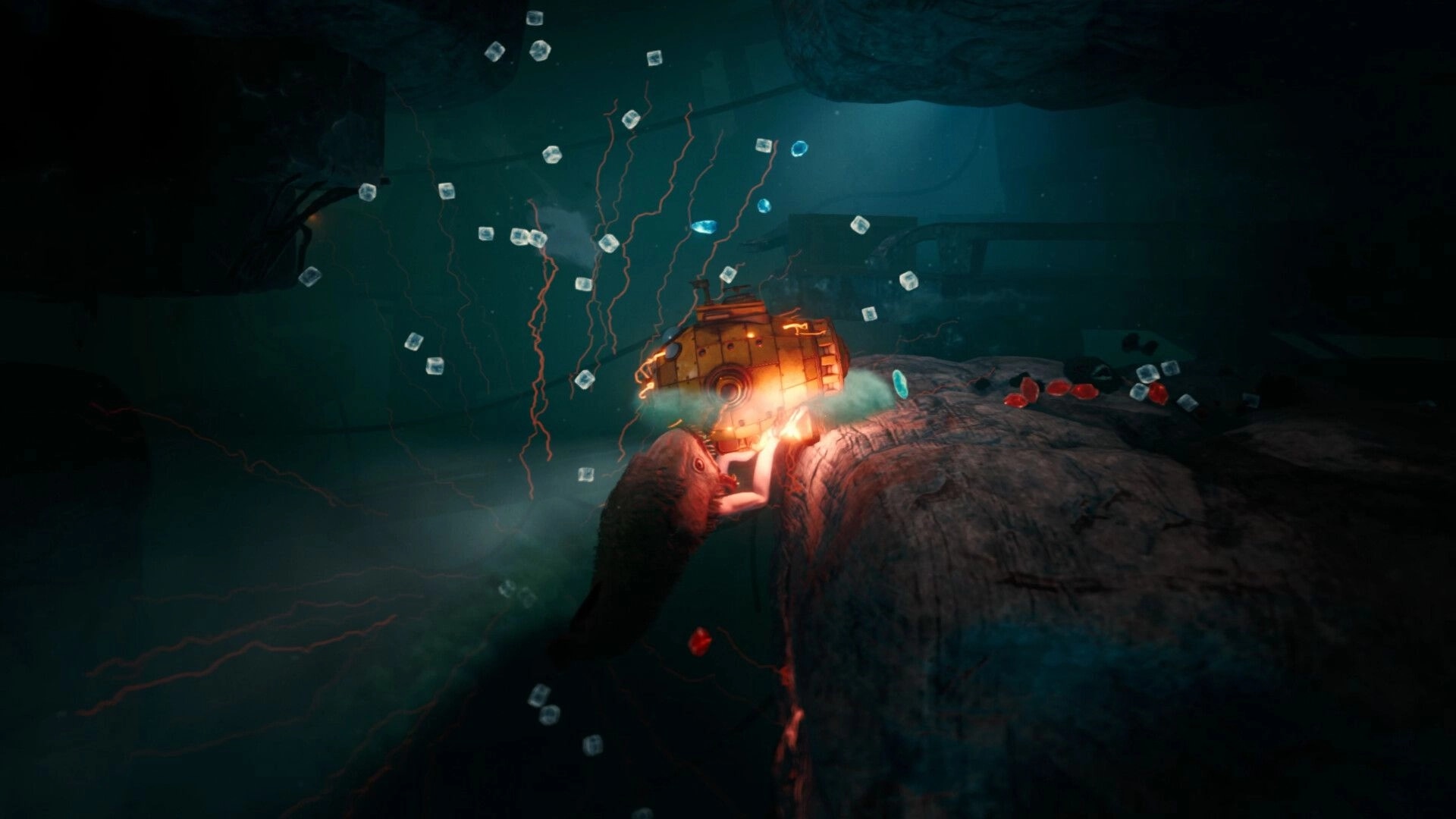 The Subminer: Submarine drill bites into rock as a sea creature attacks in a dark icy cave.