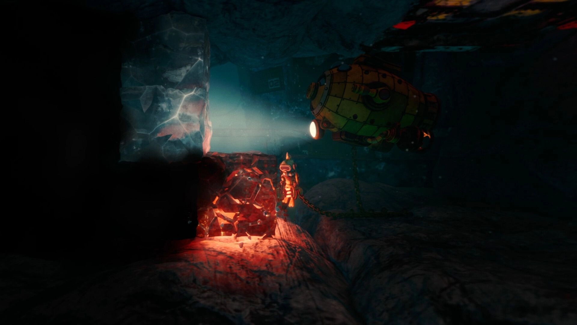 The Subminer: Submarine spotlighting a glowing red crystal deposit in a dark, icy underwater cave.