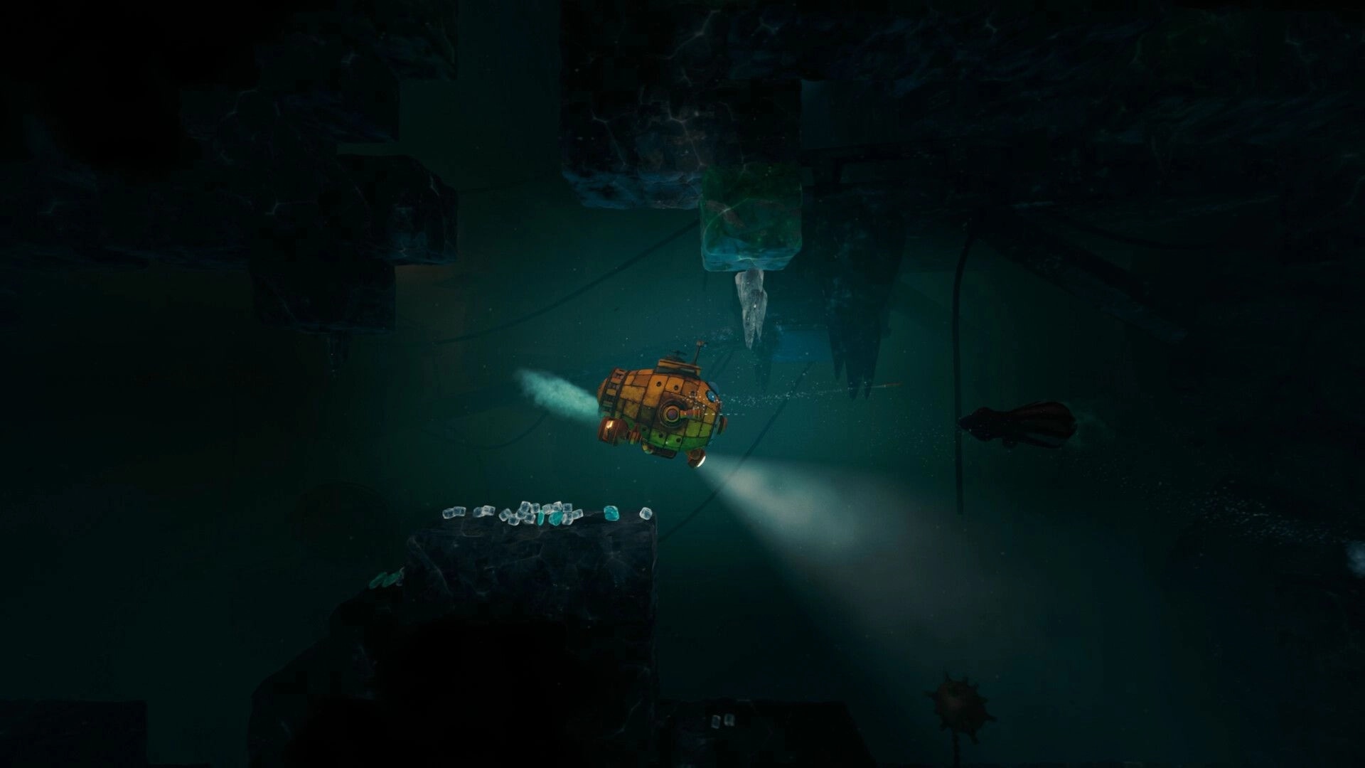 The Subminer: Yellow submarine glides through dark icy cavern, spotlighting crystal nodes below.
