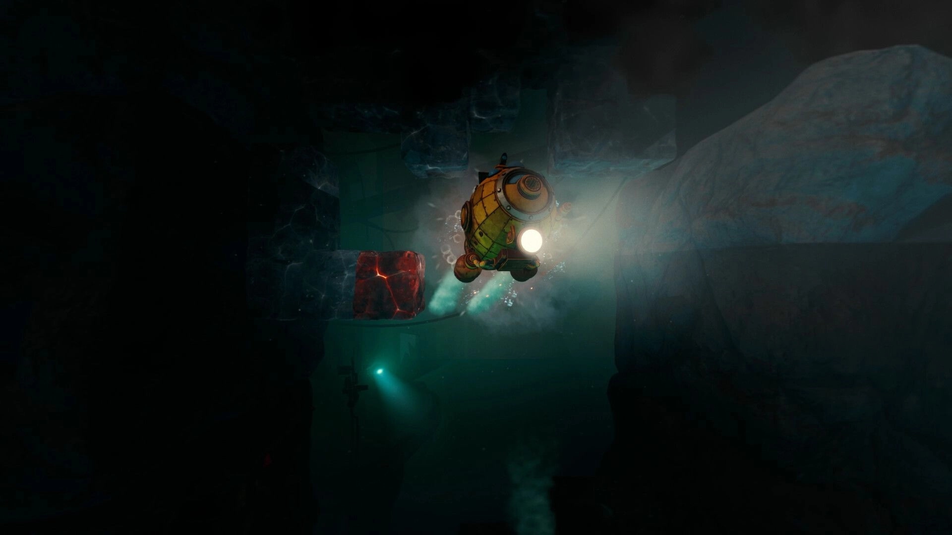 The Subminer: Submarine headlight illuminates a red ore block while drifting through dark icy caves.