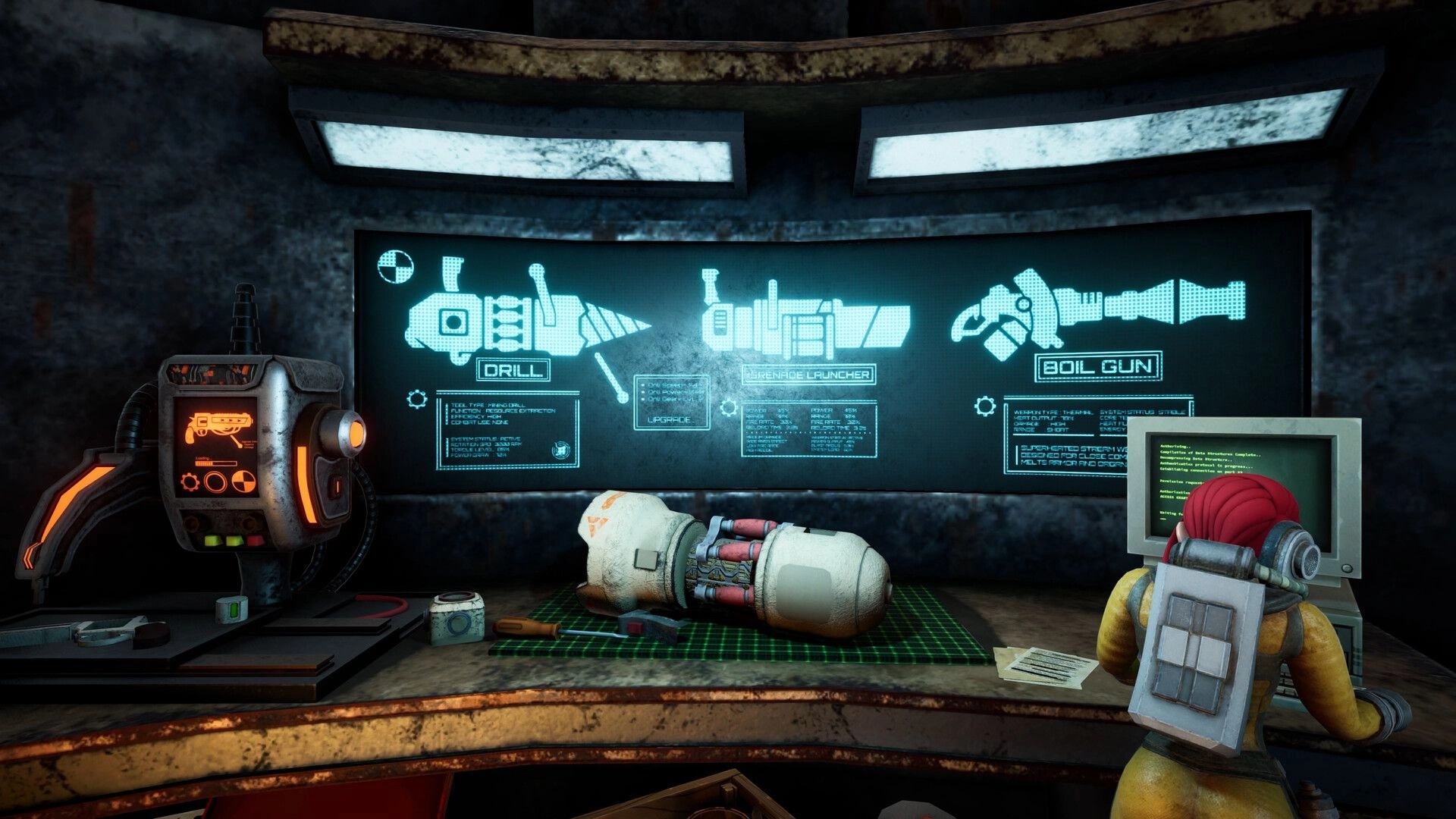 The Subminer: Weapon upgrade schematics on a wall screen in a cramped submarine workshop bay.