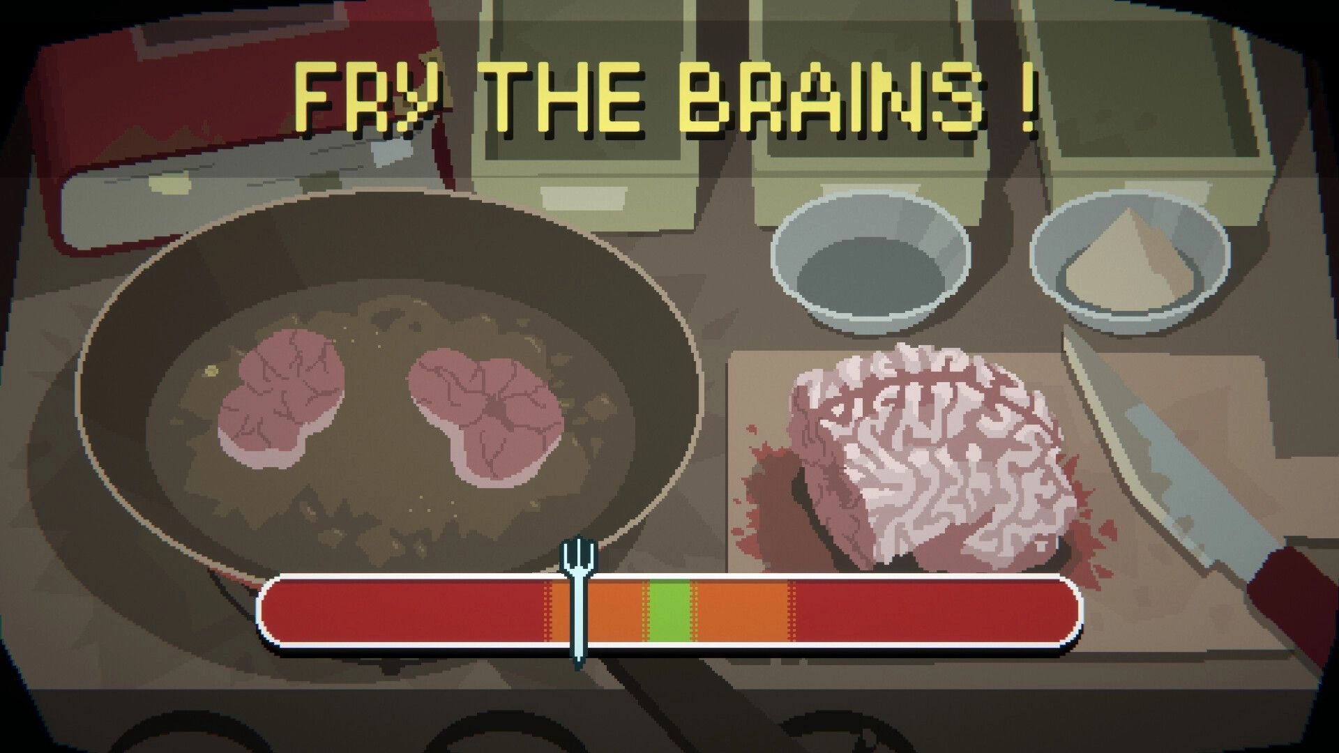 The Supper: Cooking brains in a frying pan with a progress bar in a dimly lit kitchen setting.