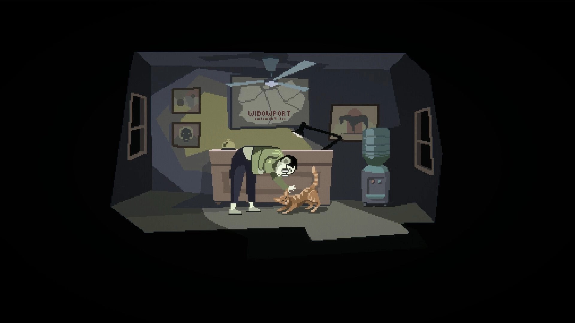 The Supper: Guest petting a cat in dimly lit motel office with map and water cooler in background