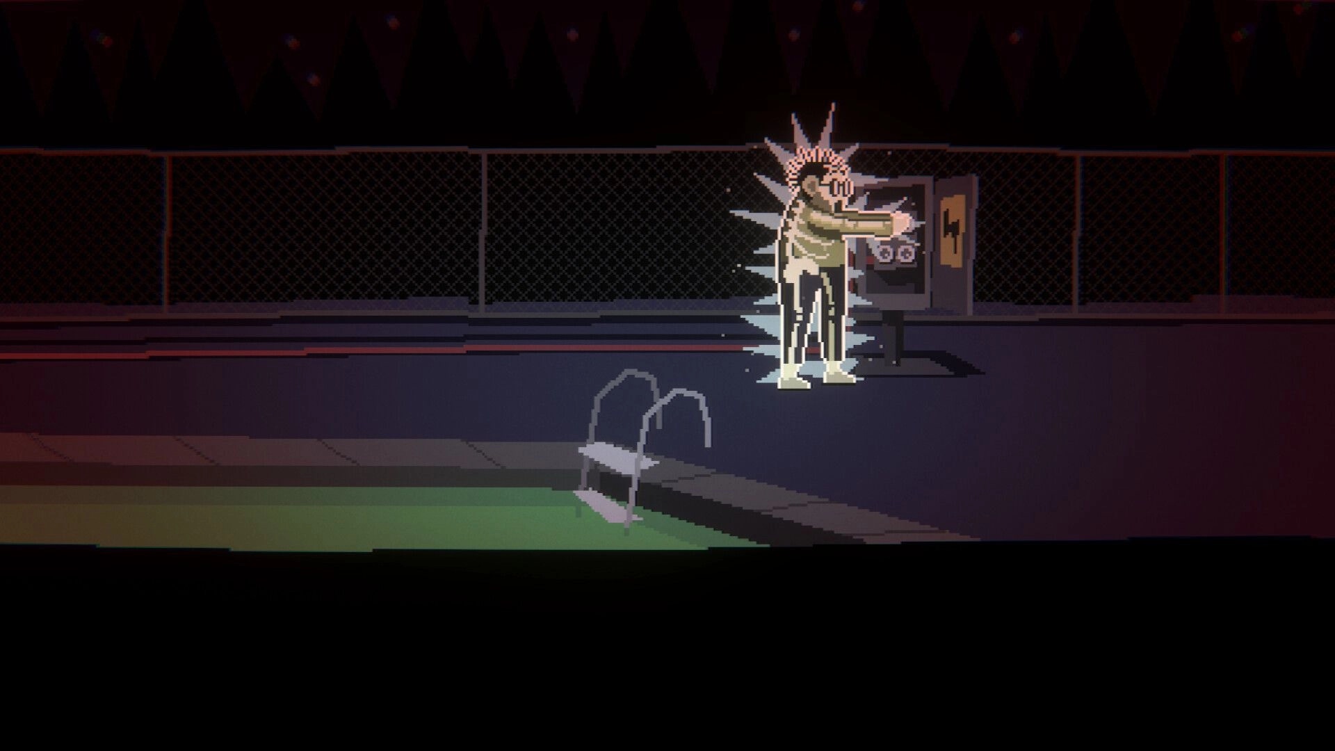 The Supper: Character interacts with electrical box near a dimly lit motel pool at night.