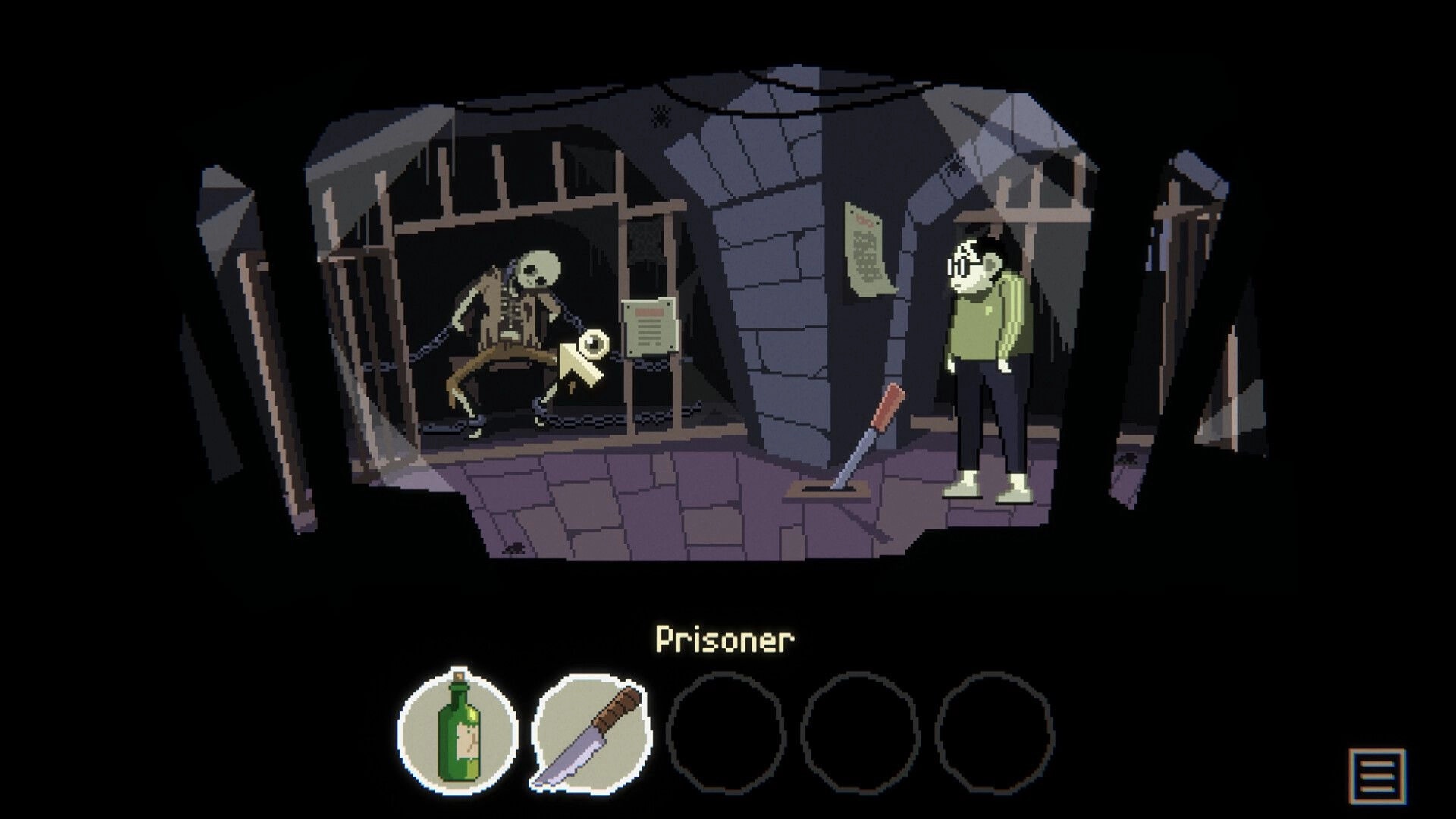 The Supper: Stewie stands near skeleton prisoner in dungeon cell, inventory items shown below