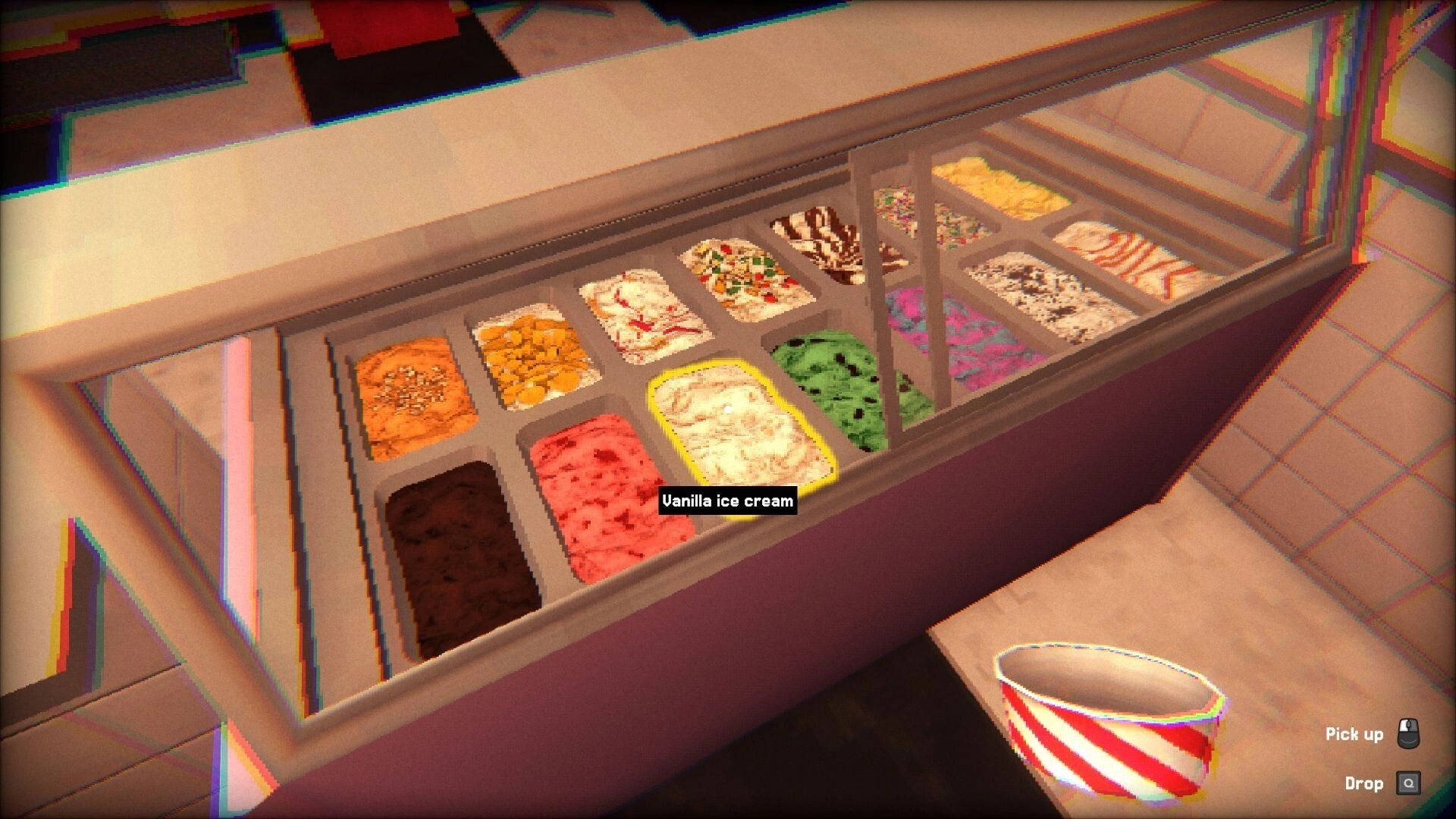 The Sweet Spot: Ice cream display with vanilla highlighted, striped bowl, and action prompts visible