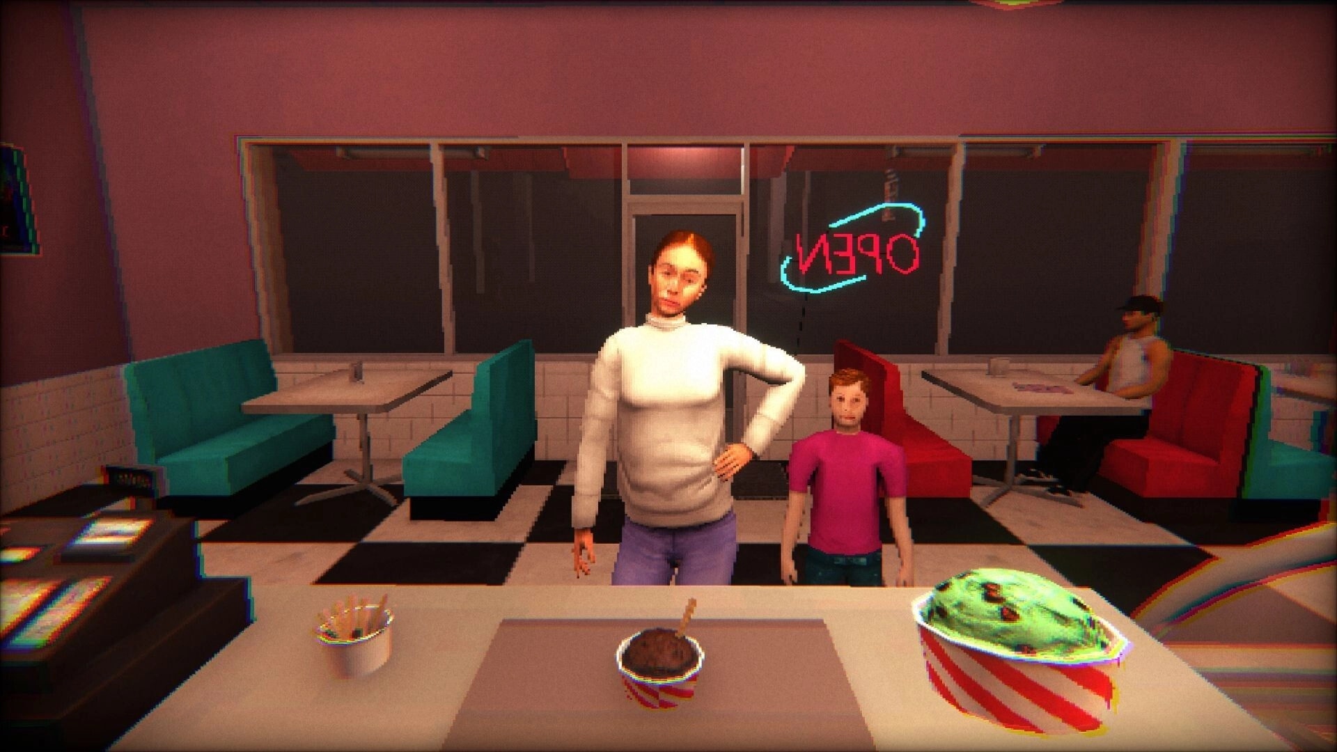 The Sweet Spot: Serving ice cream to a woman and child in an 80s diner with neon "OPEN" sign illuminated
