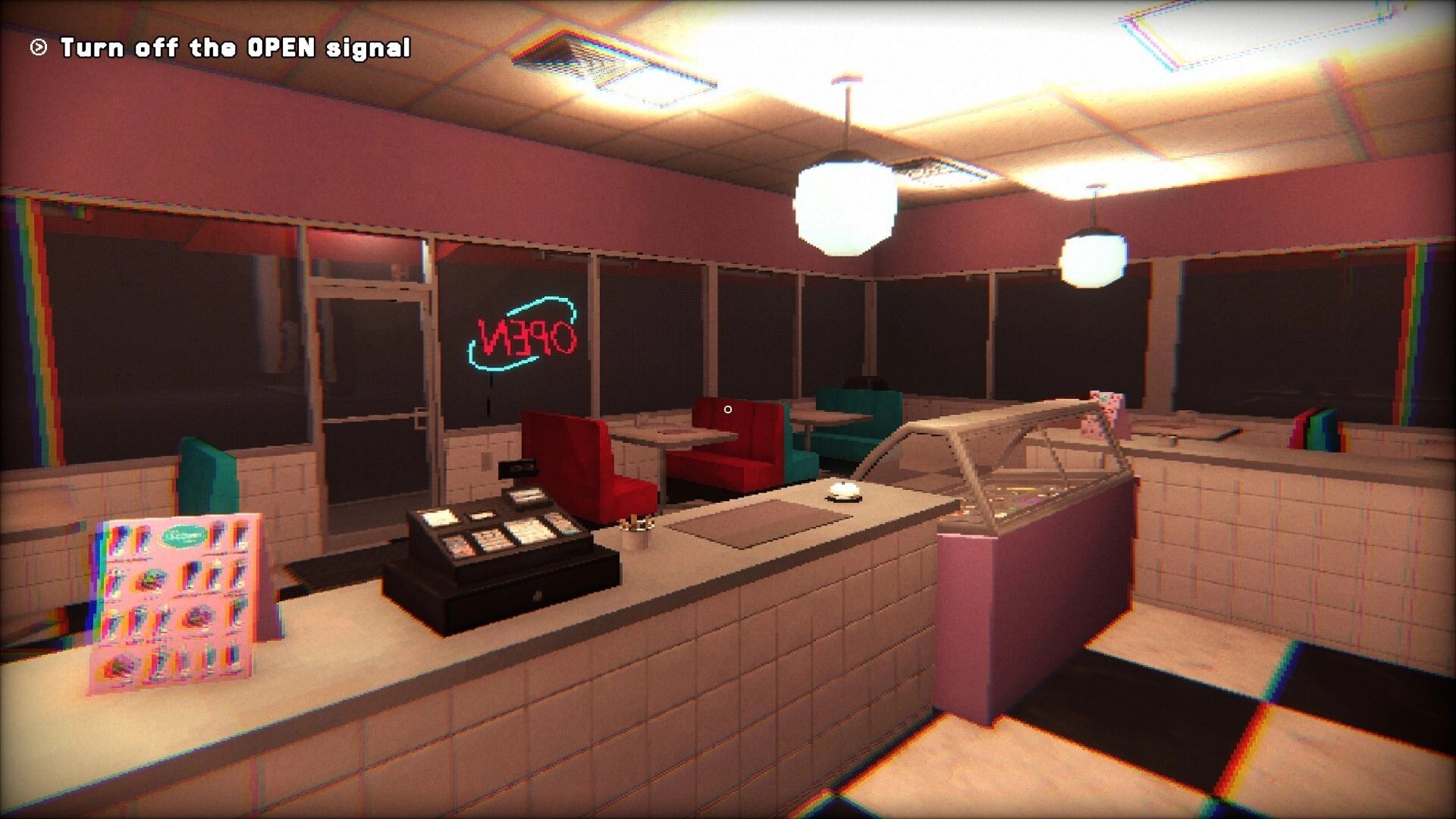 The Sweet Spot: Inside an 80s ice cream shop with an open sign, counter, and retro booths at night