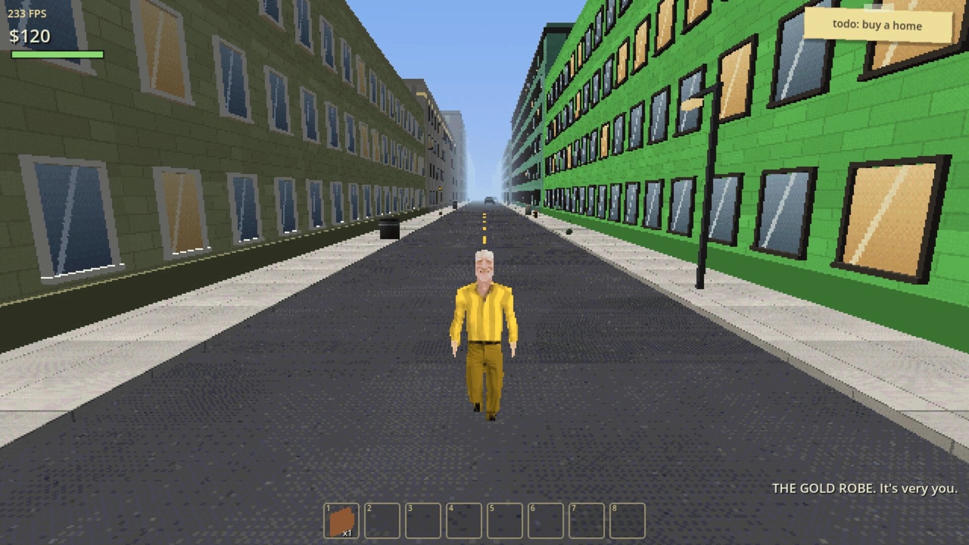 The Tally: Yellow-clad character walks down a city street between blocky apartments, todo: buy a home UI.