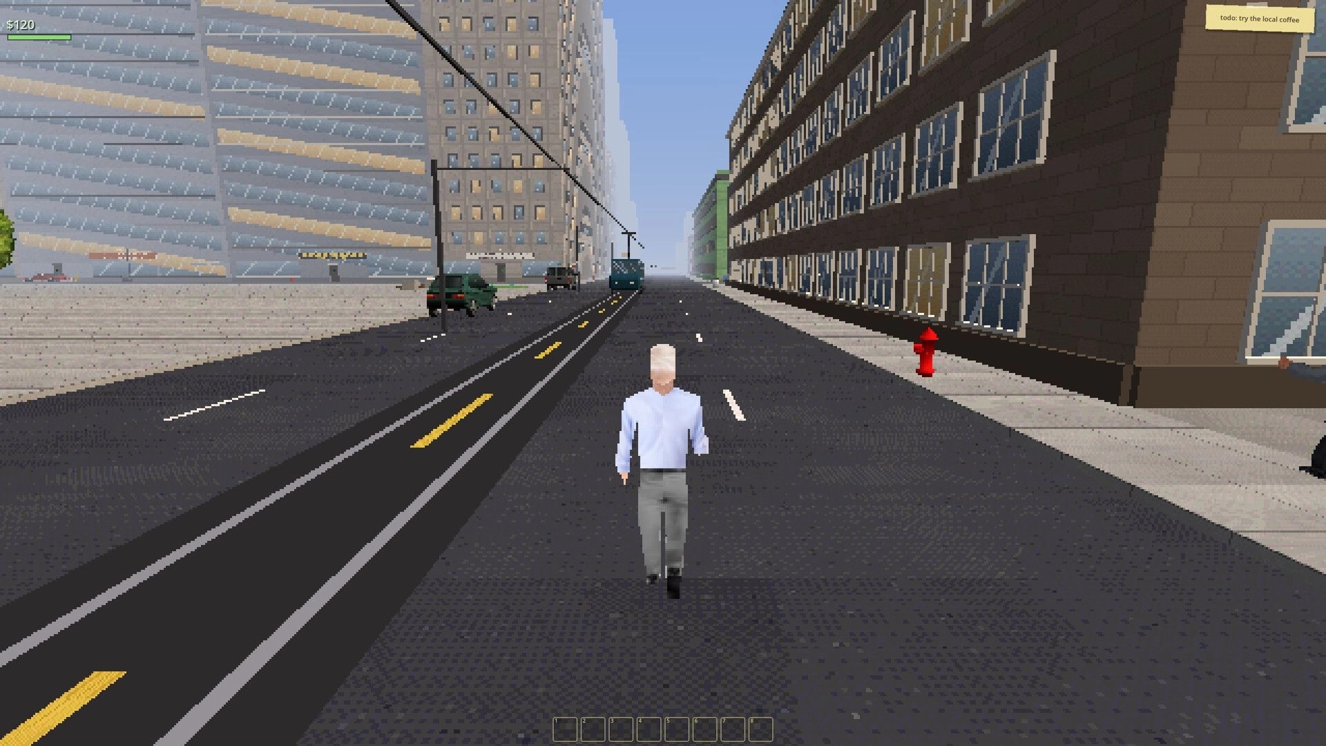 The Tally: Third-person character walking down a city street with money HUD and a todo note popup.
