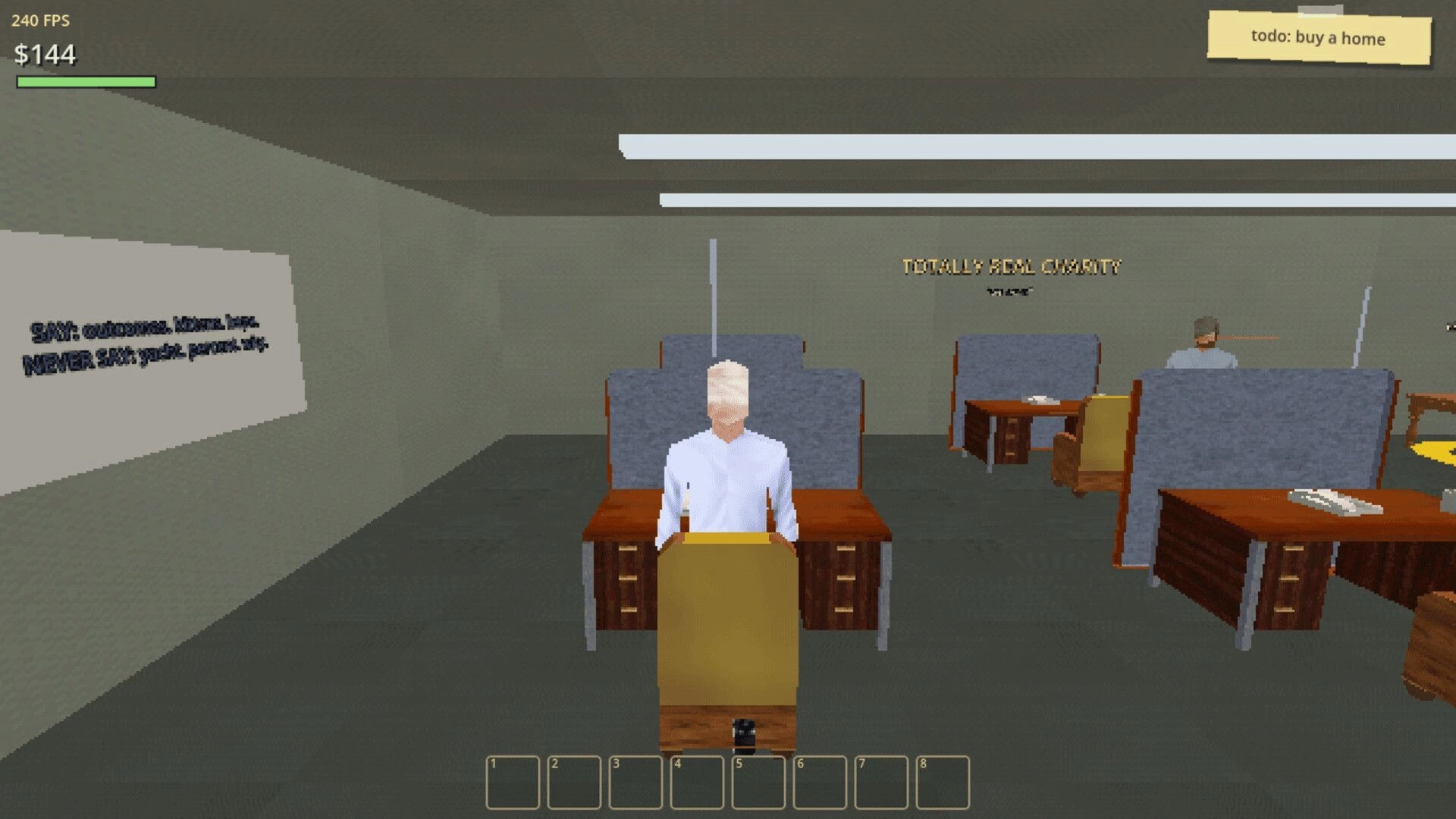 The Tally: Office desk scene with seated worker NPCs, cash $144 HUD, and todo buy a home note.
