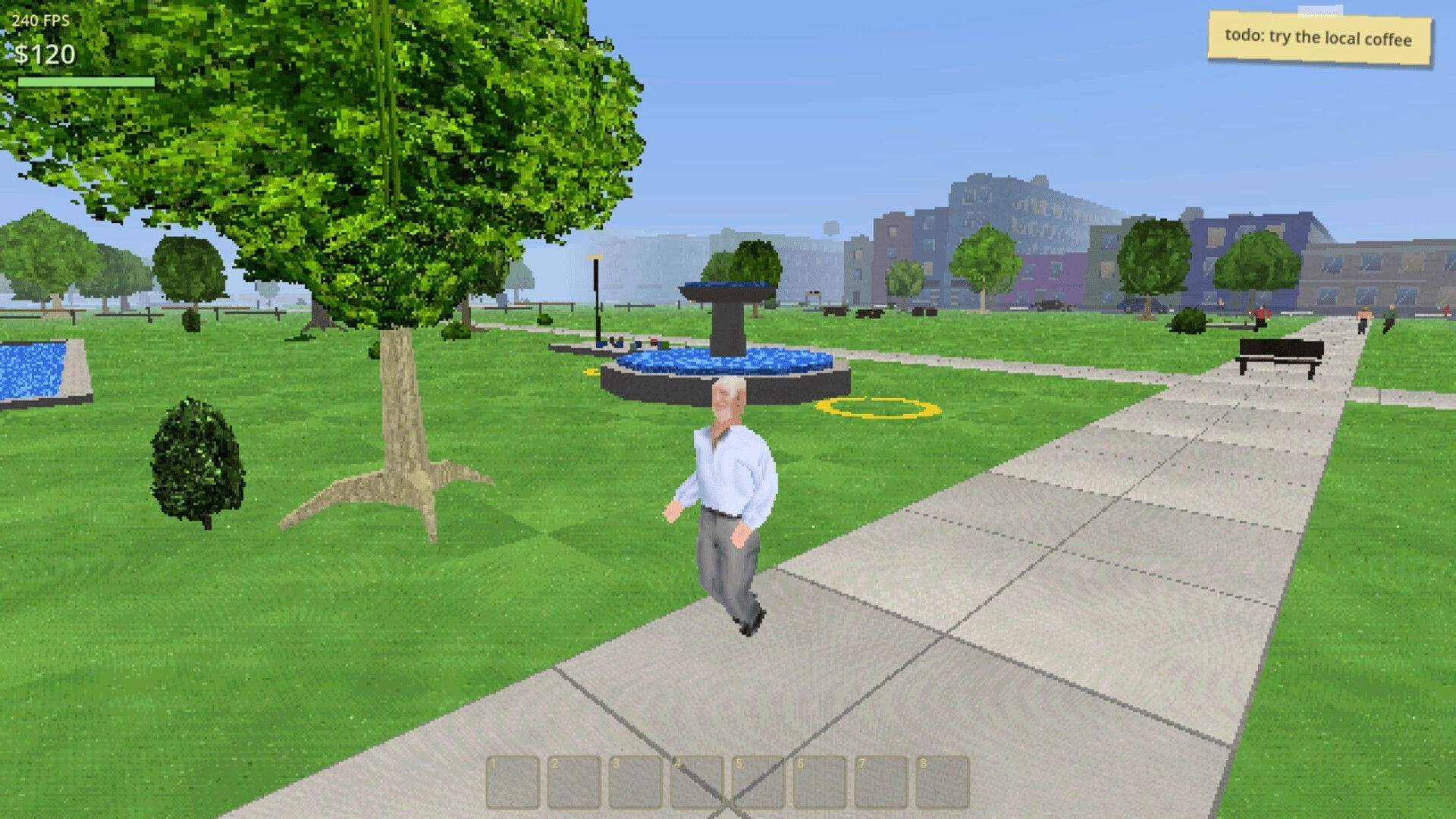 The Tally: Character walking on park path by fountain and trees, UI cash $120 and coffee todo note.