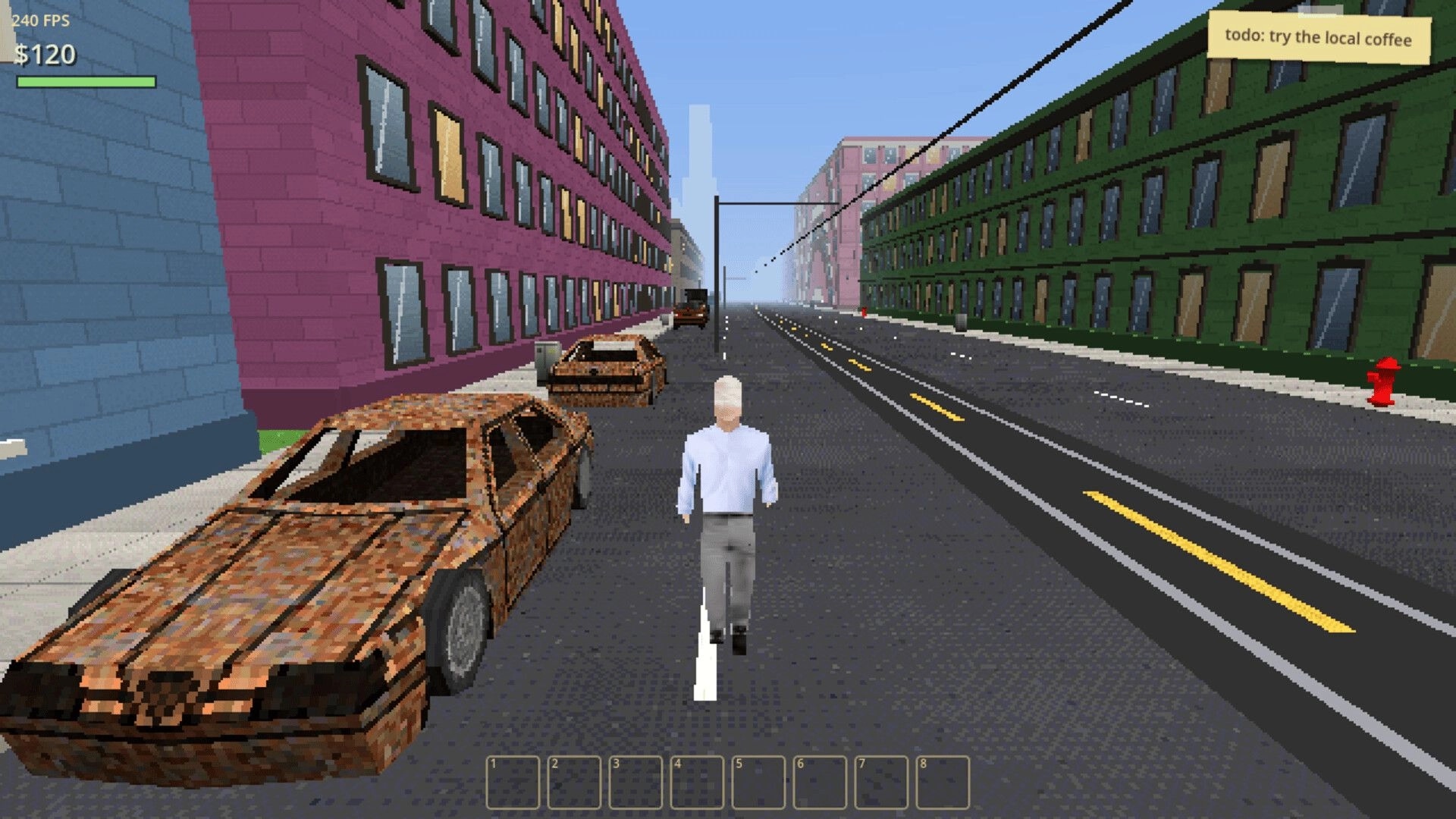 The Tally: Third-person character walking down a city street past rusted cars, todo UI visible.