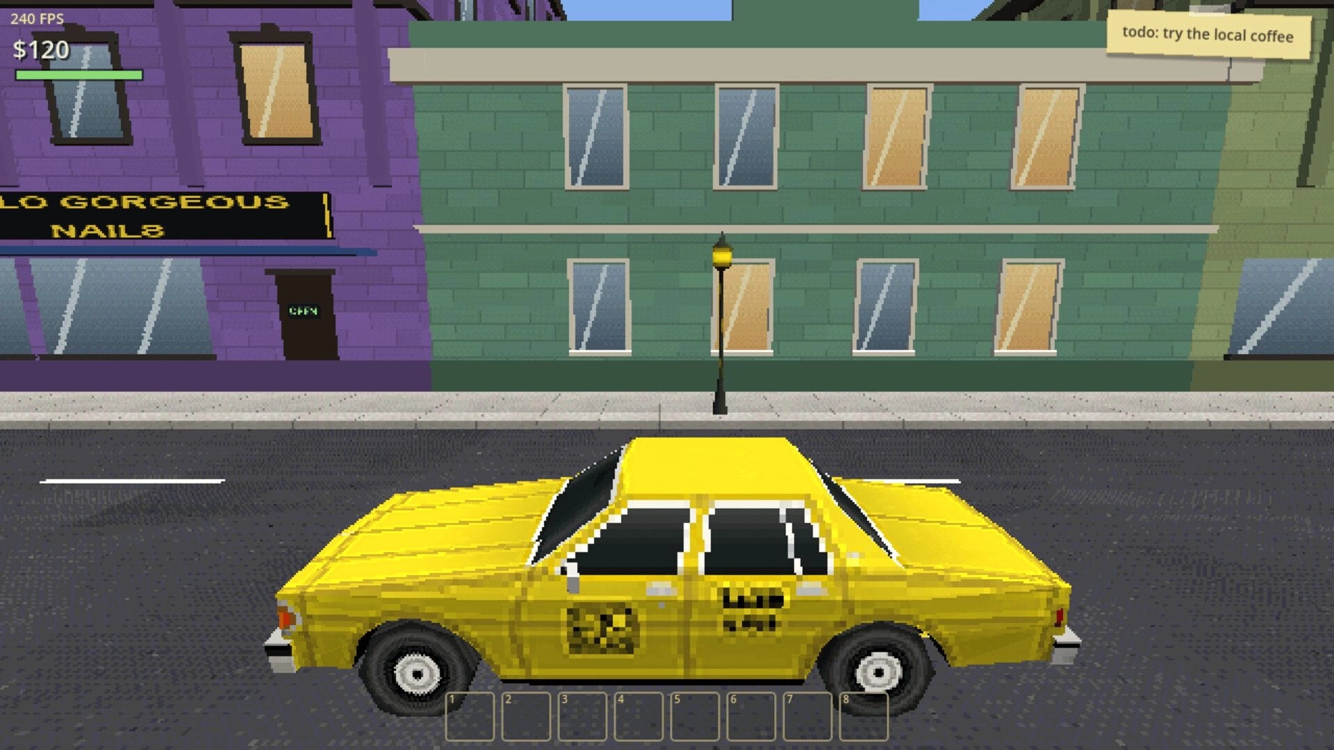 The Tally: Yellow taxi parked on city street outside shops, UI shows $120 and a coffee todo note.