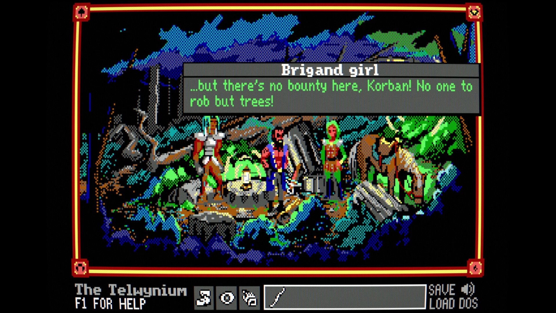 The Telwynium: Brigand girl dialogue box over three travelers and a horse in rocky forest camp at night.