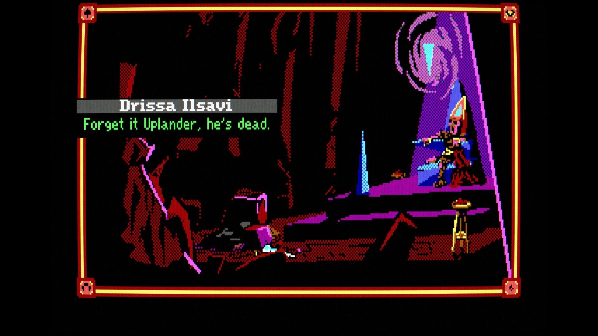 The Telwynium: Dialogue box from Drissa Ilsavi in a dark cavern with a hooded figure by a portal.