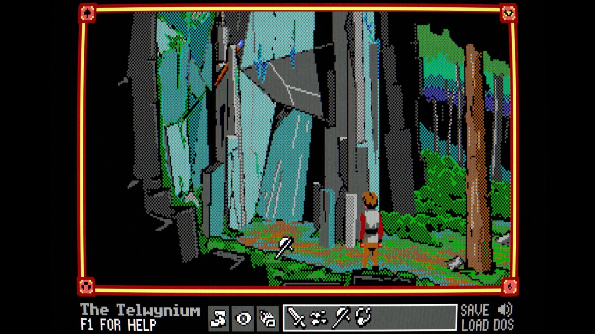 The Telwynium: Adventurer stands by towering blue crystals in a forest clearing with action icons bar.