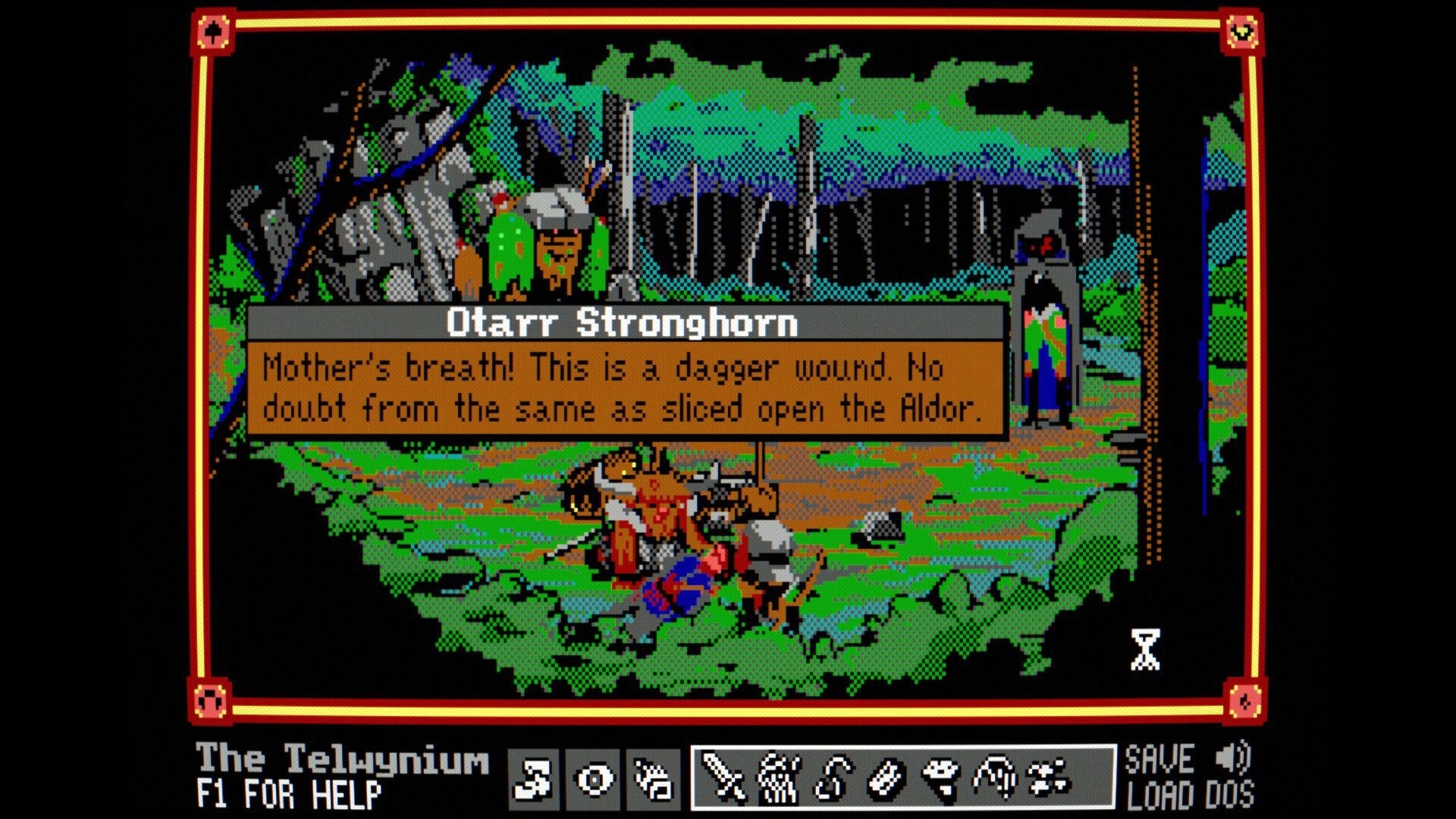 The Telwynium: Otarr Stronghorn dialogue box over injured figure in pixel forest clearing scene.