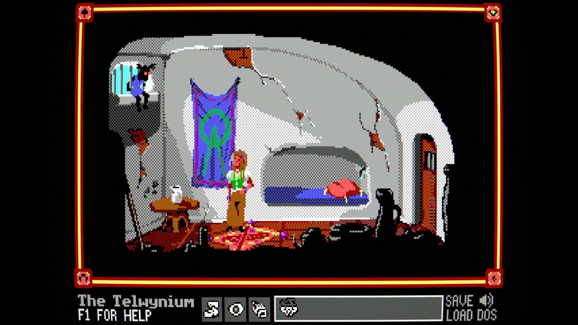 The Telwynium: Adventurer stands in a small stone room with bed, rug, and banner, UI bar below.