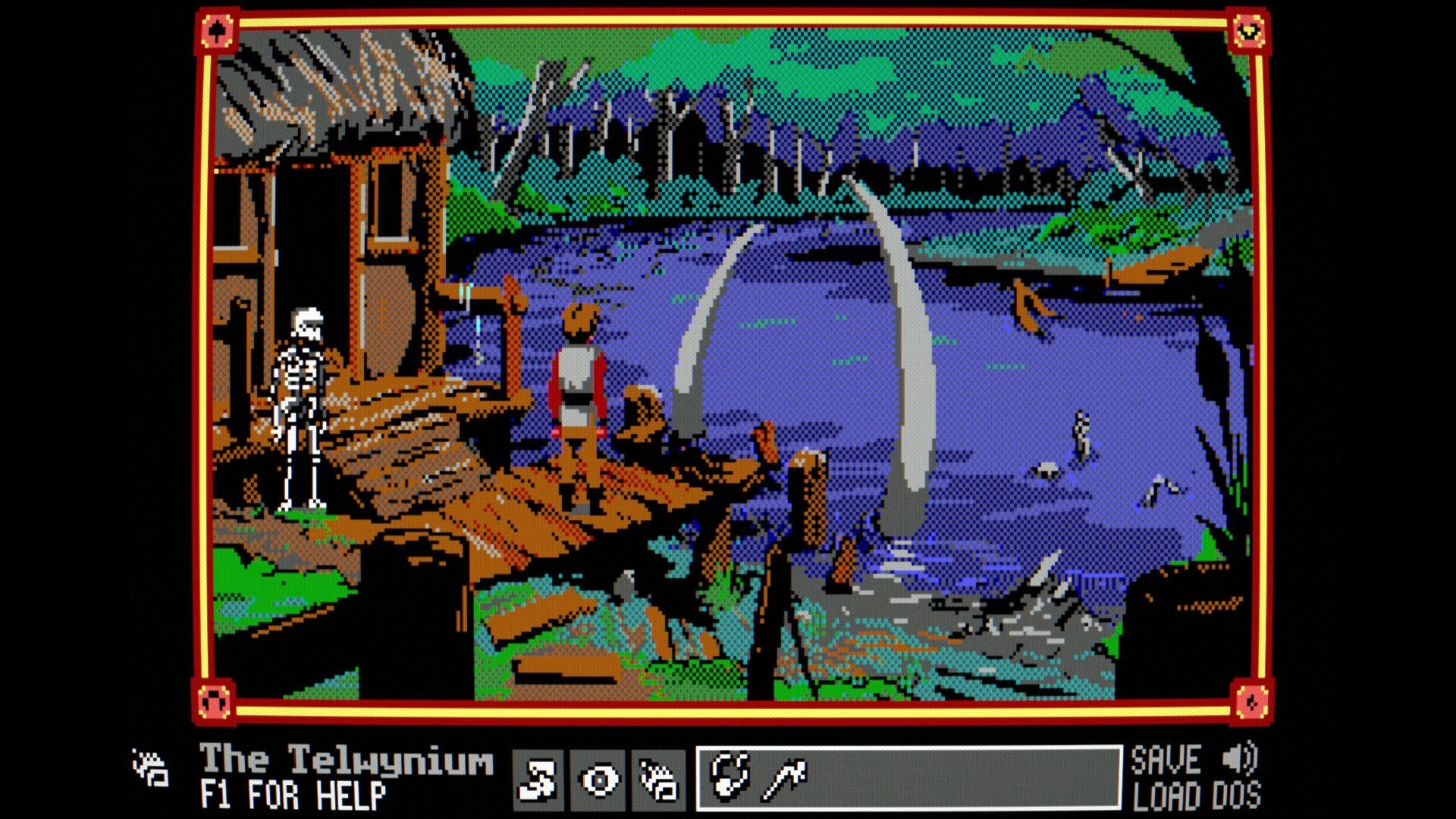 The Telwynium: Adventurer on dock by hut faces lake with giant tentacles; verb UI at bottom bar.