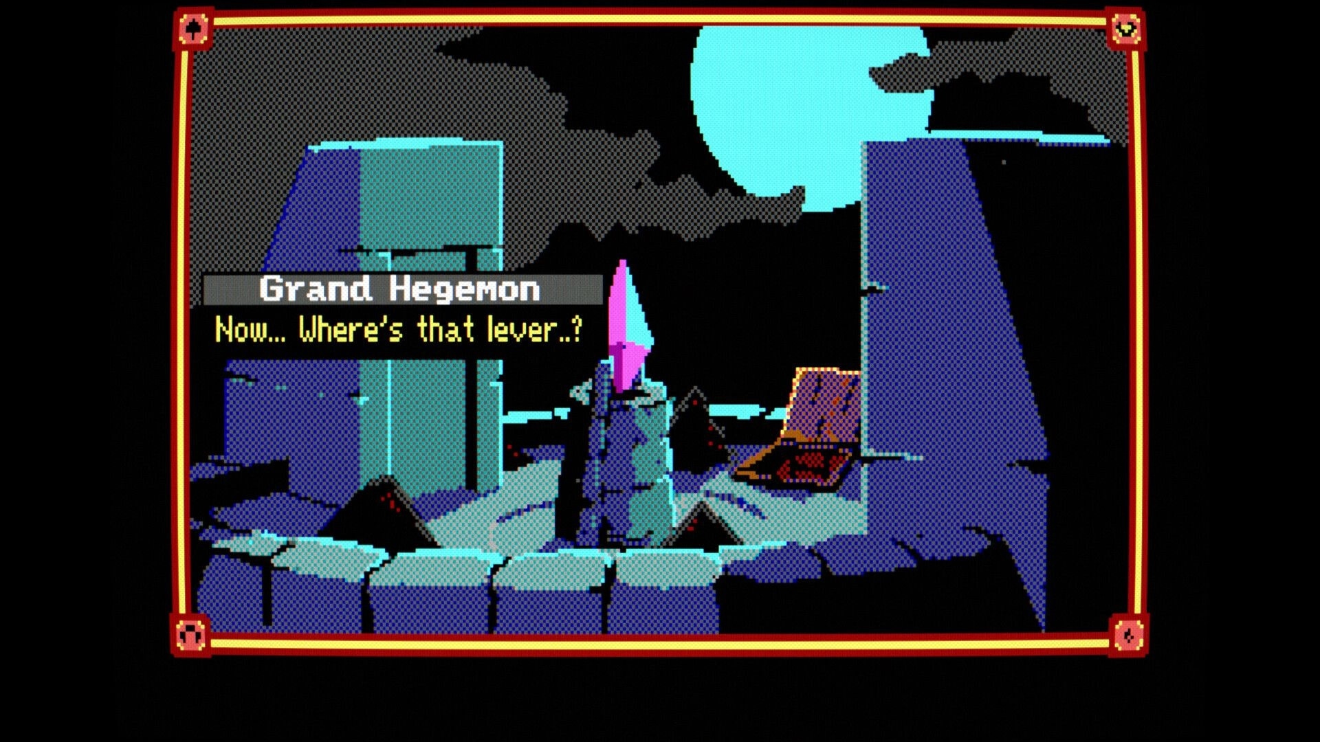 The Telwynium: Grand Hegemon dialogue box over moonlit ruined towers and a glowing crystal spire.