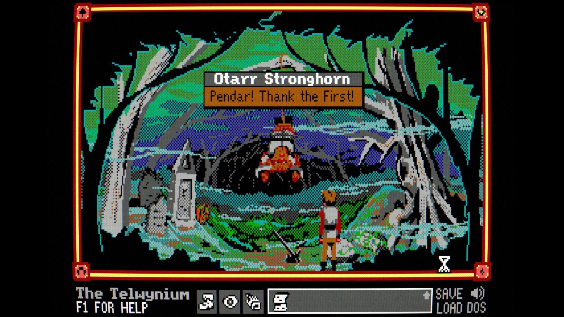 The Telwynium: Dialogue with Otarr Stronghorn as hero faces ruined castle amid stormy cliffs.
