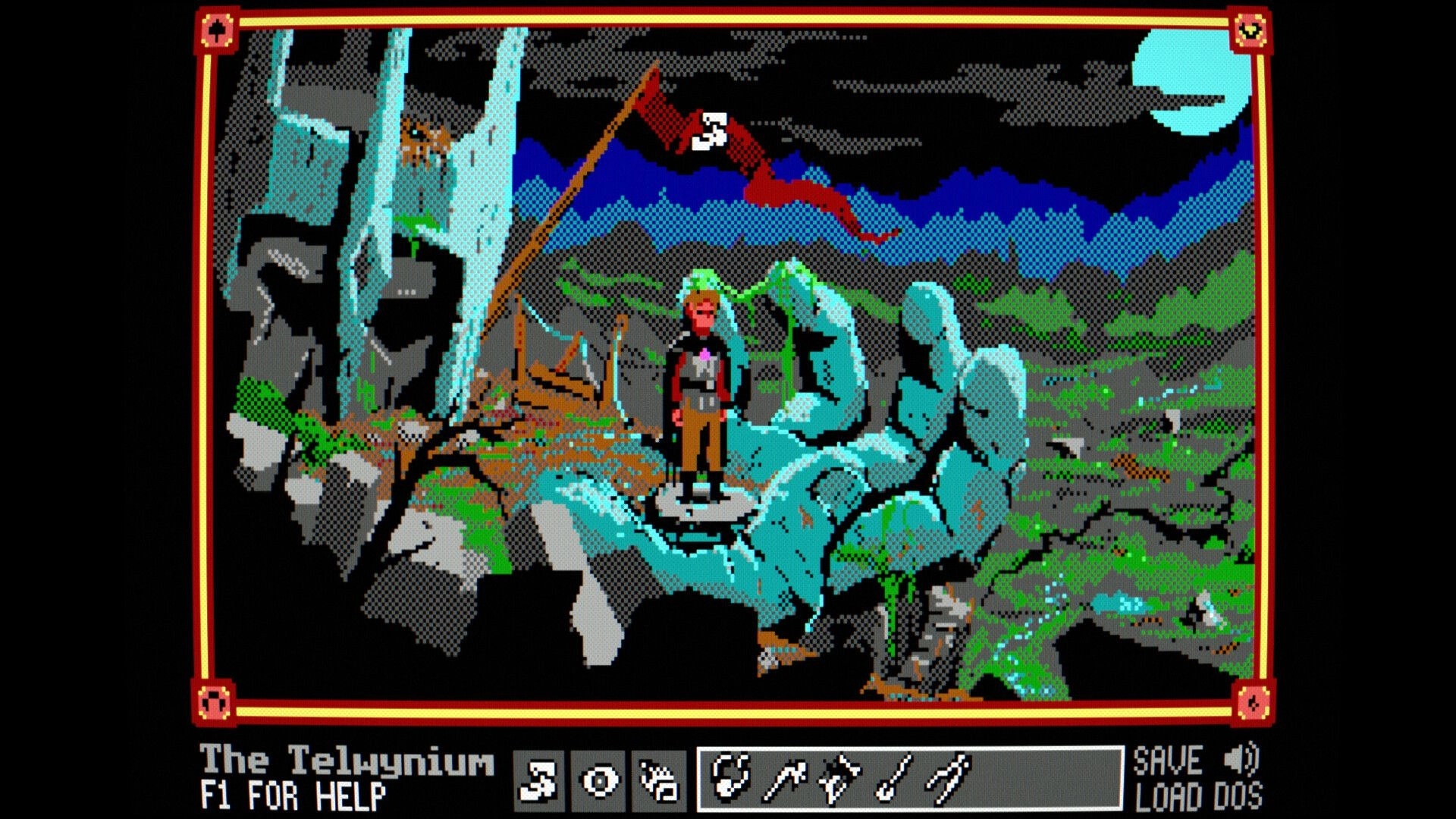 The Telwynium: Adventurer stands by a tent and red flag among stone ruins under a full moon UI bar below.