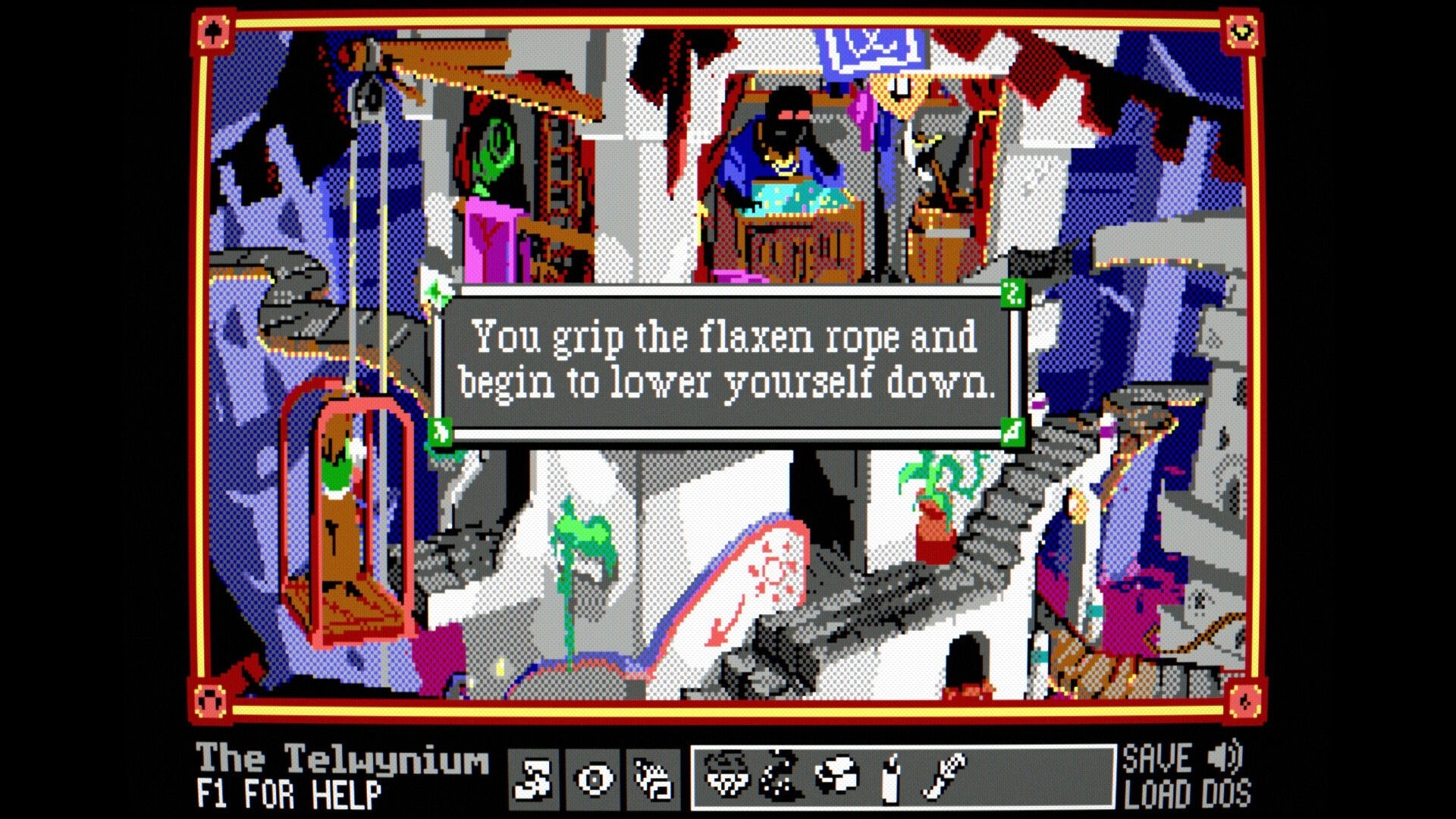 The Telwynium: Text box about lowering down rope over rocky cliffside with elevator and UI bar.