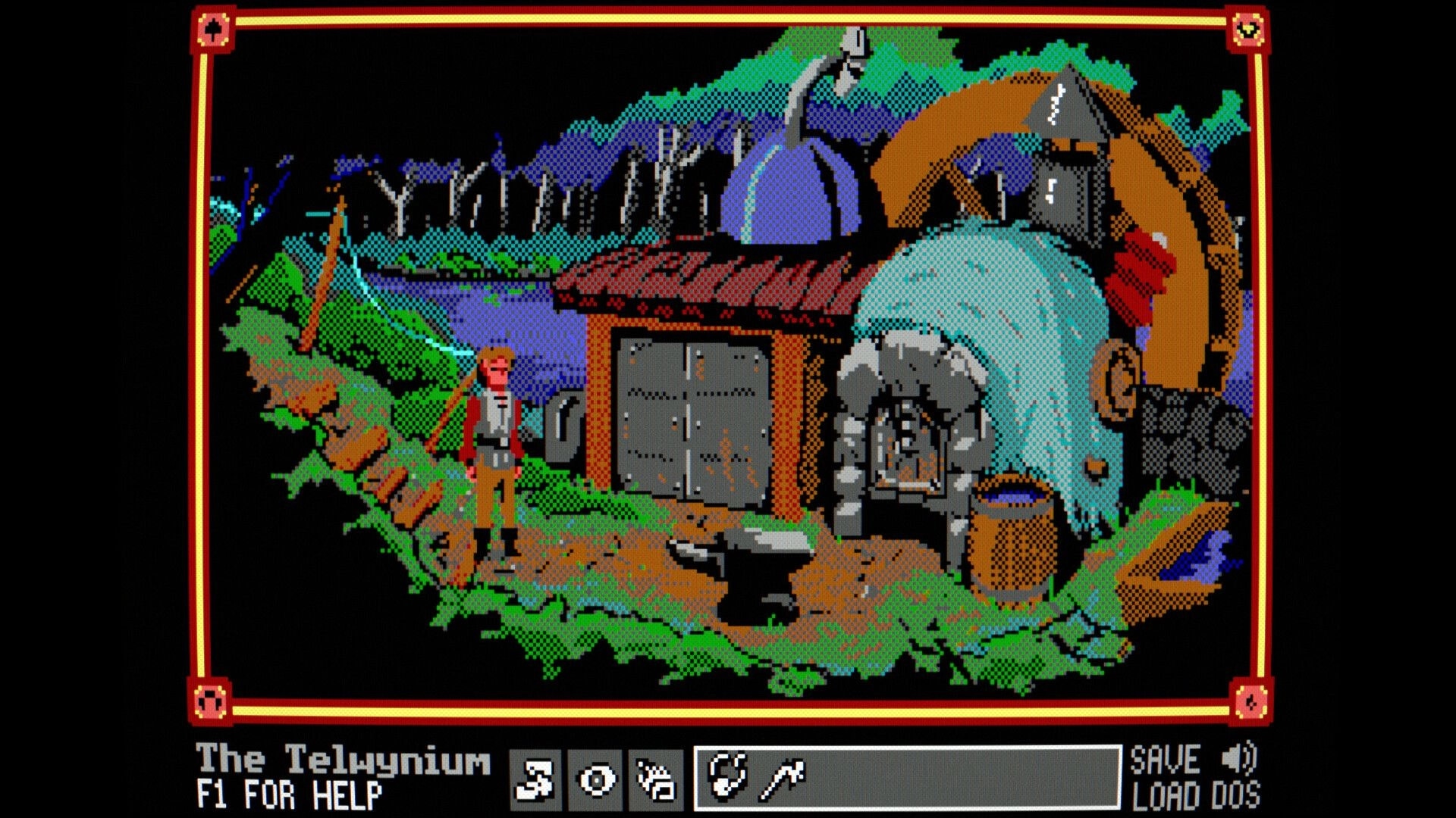 The Telwynium: Adventurer stands by a forge and anvil near a river, with inventory bar below.