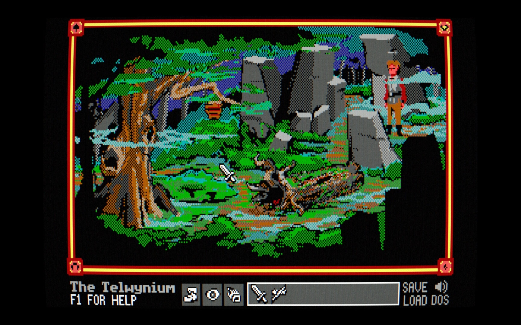 The Telwynium: Adventurer stands by stone ruins near a fallen tree, with verb UI and save/load bar.